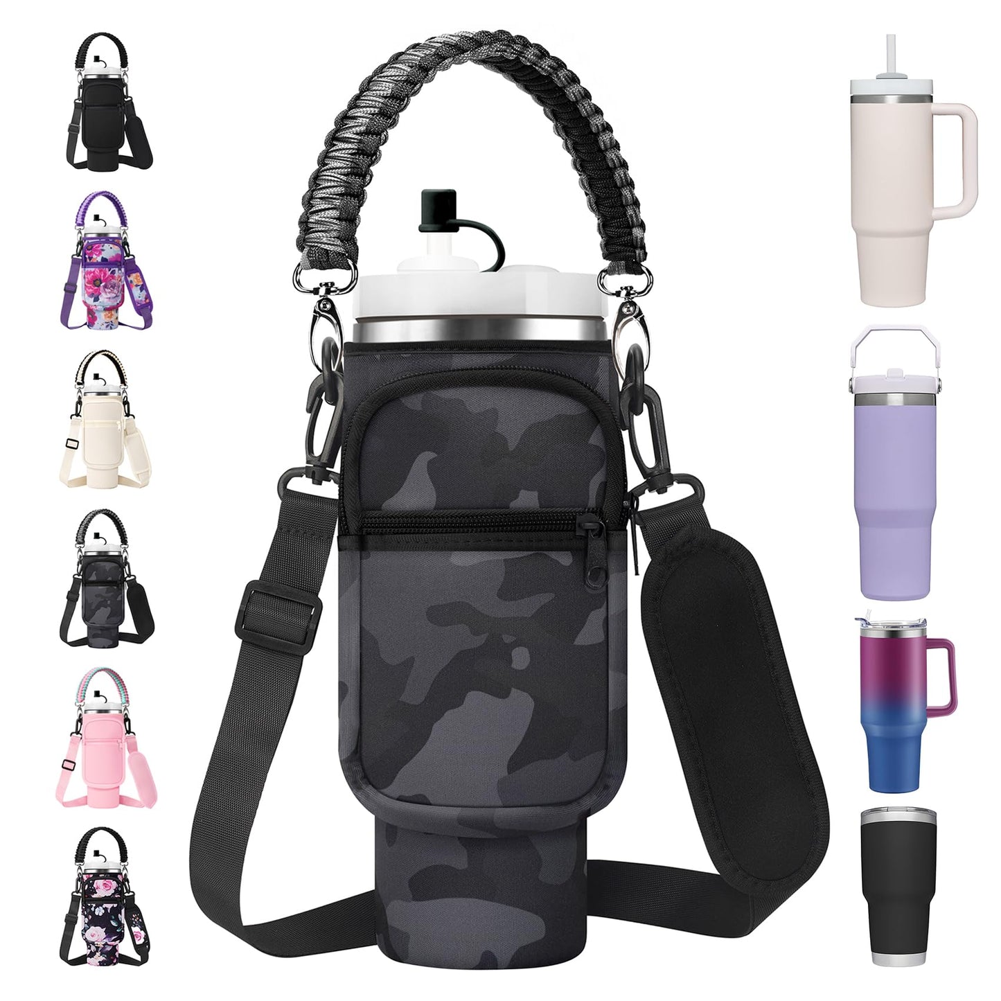 AceTreker 30 40 oz Water Bottle Holder for Stanley Tumbler with Handle, Neoprene Vacuum Travel Coffee Mug Carrier Pouch with Paracord Handle, 2 Pockets, Straw Cover for Car Gym Work-Black Camo