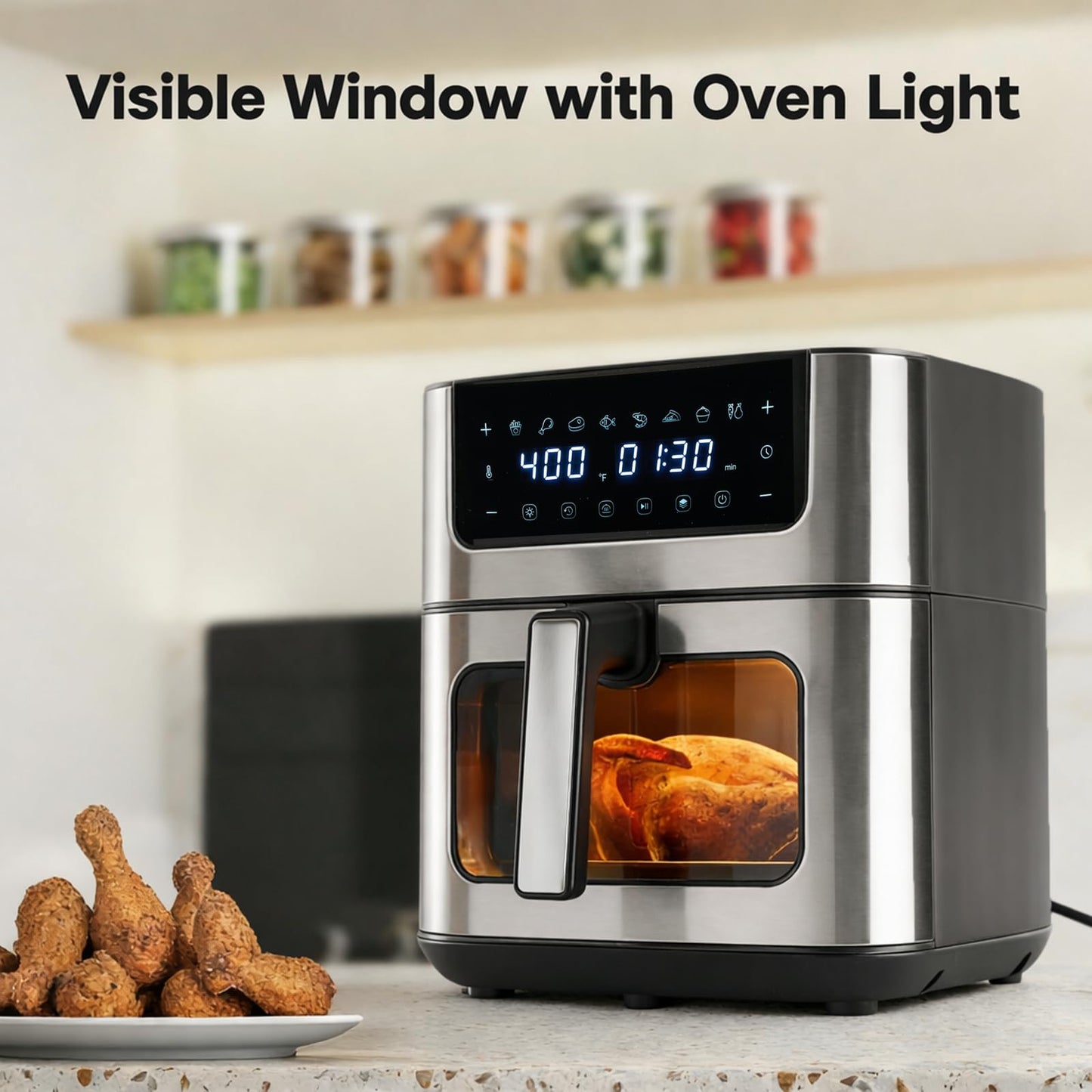Simple Deluxe 8-in-1 Air Fryer 6.34 Qt, Digital Preset Airfryer with Visible Window, Nonstick and Dishwasher-Safe Basket, Air Fry, Chicken, Pizza, Dehydrate, Fries, 90-Min Timer, 1700W, Gray