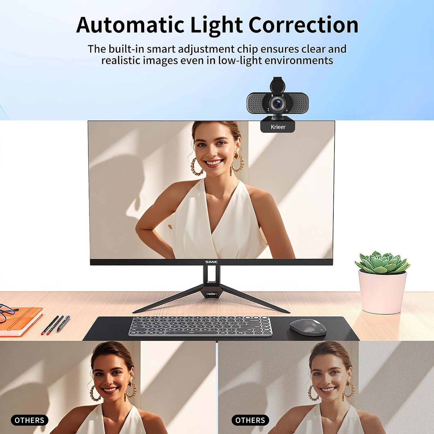 Krieer 1080P HD Webcam with Dual Mics Autofocus, Noise Cancellation, Wide-Angle, Auto Light Correction, Privacy Cover