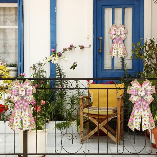 Estivaux Large Spring Flower Bow - Pink Buffalo Plaid & Natural Burlap | Perfect for Wreaths & Holiday Decor