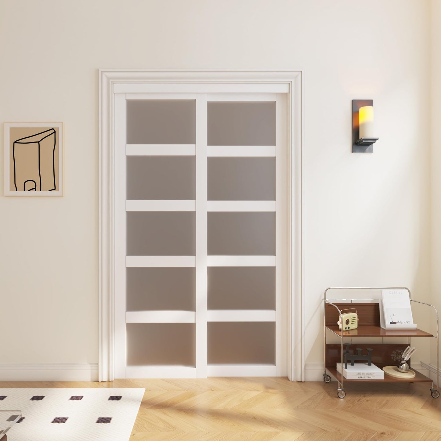 SOLRIG Sliding Closet Door, 5-Lite Frosted Glass Interior Door, 60"(Double 30") x 80" Closet Doors with Complete Hardware Track Kit & Floor Guide, Pre-Drilled Sliding Door Panel Assembly Required