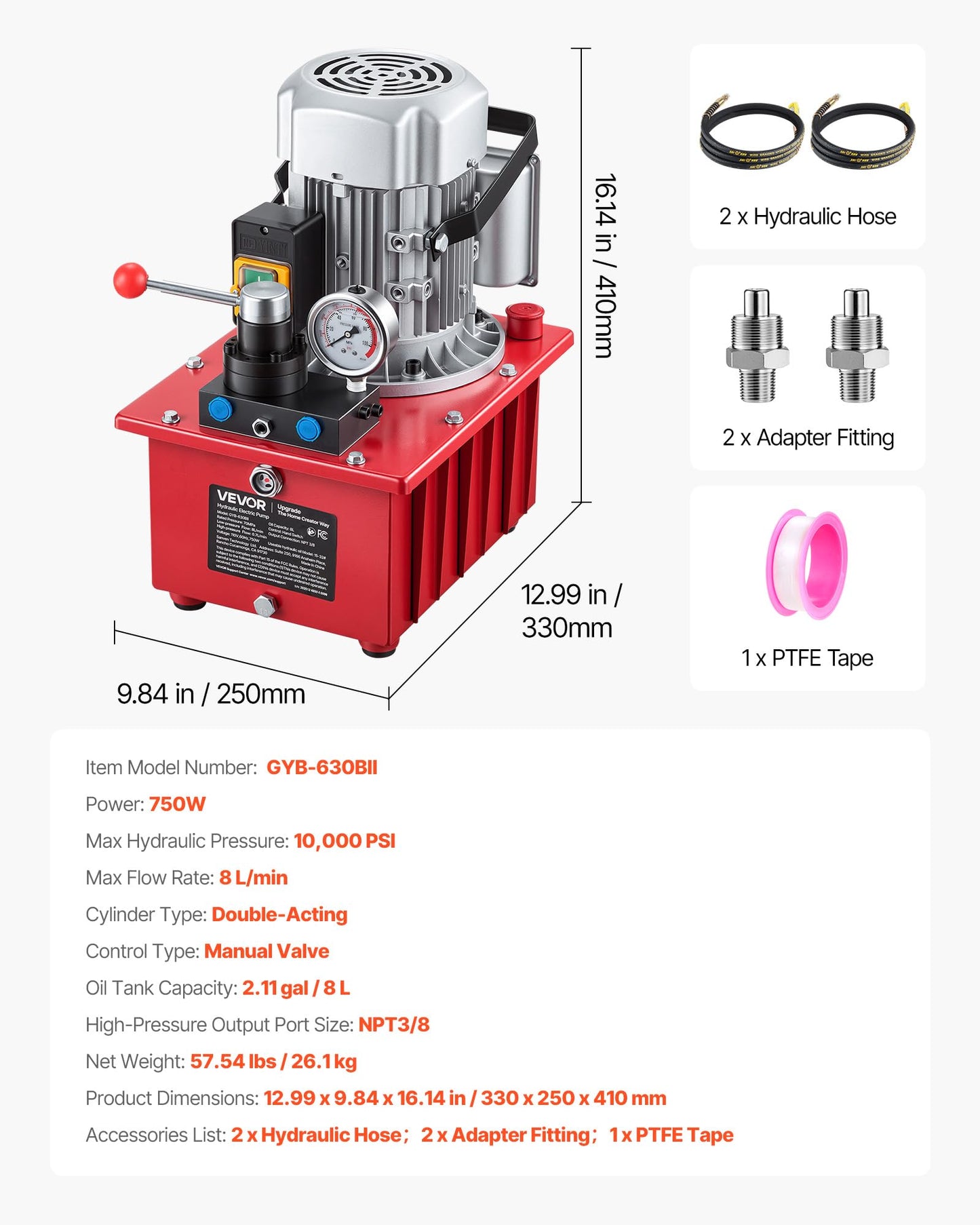 VEVOR Electric Hydraulic Pump, 750W 10,000 PSI, 120V Double Acting Electric Driven Hydraulic Pump Power Pack Unit, with Manual Valve, 2.1 Gallon / 8L, for Punching, Bending, Double Acting Cylinders