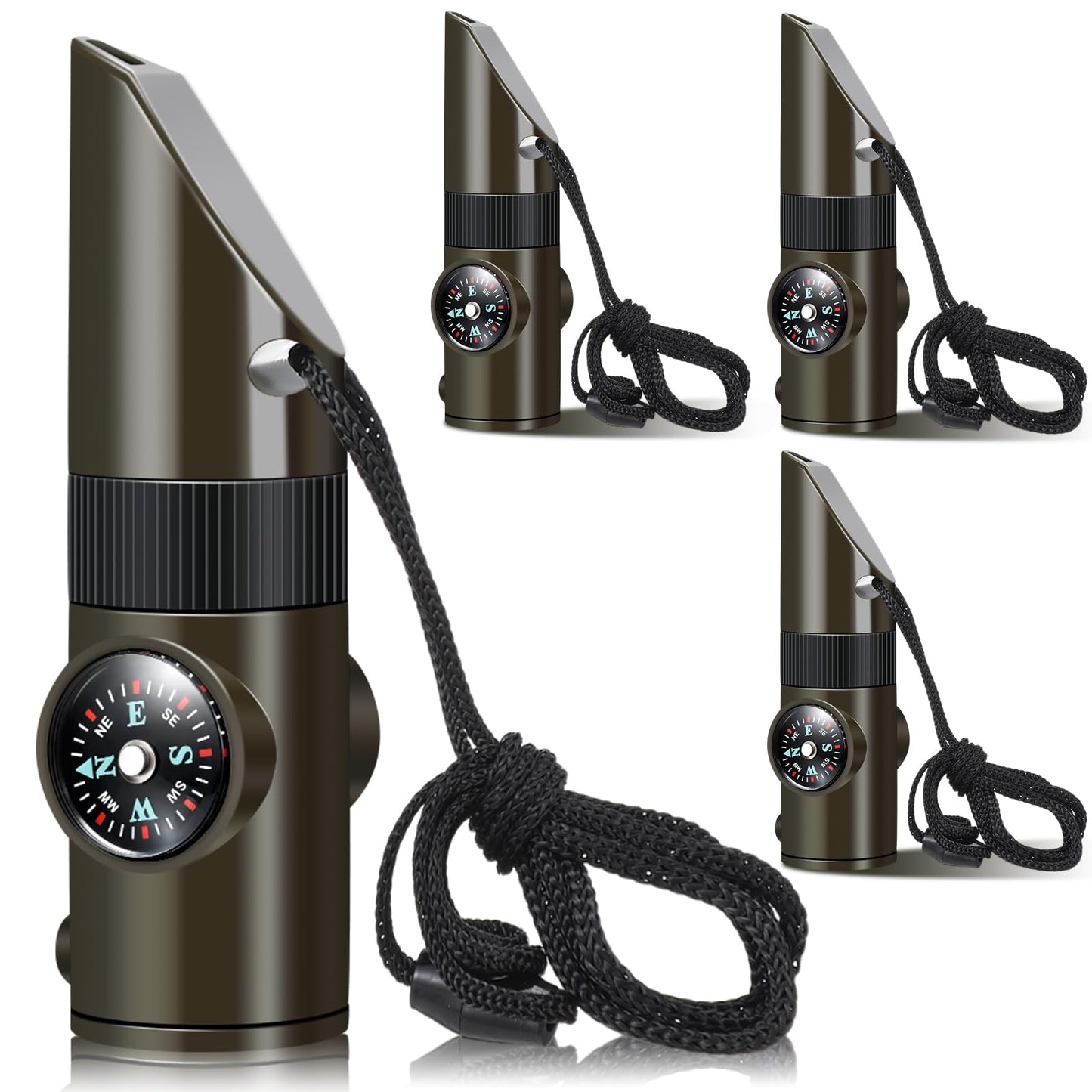 Xuhal 4 Pack Emergency Survival Whistle Loud Safety Whistle 7-in-1 Multifunctional Outdoor Survival Tool with Compass Thermometer LED Light Magnifier for Hiking Camping Boating Kayaking and Rescue