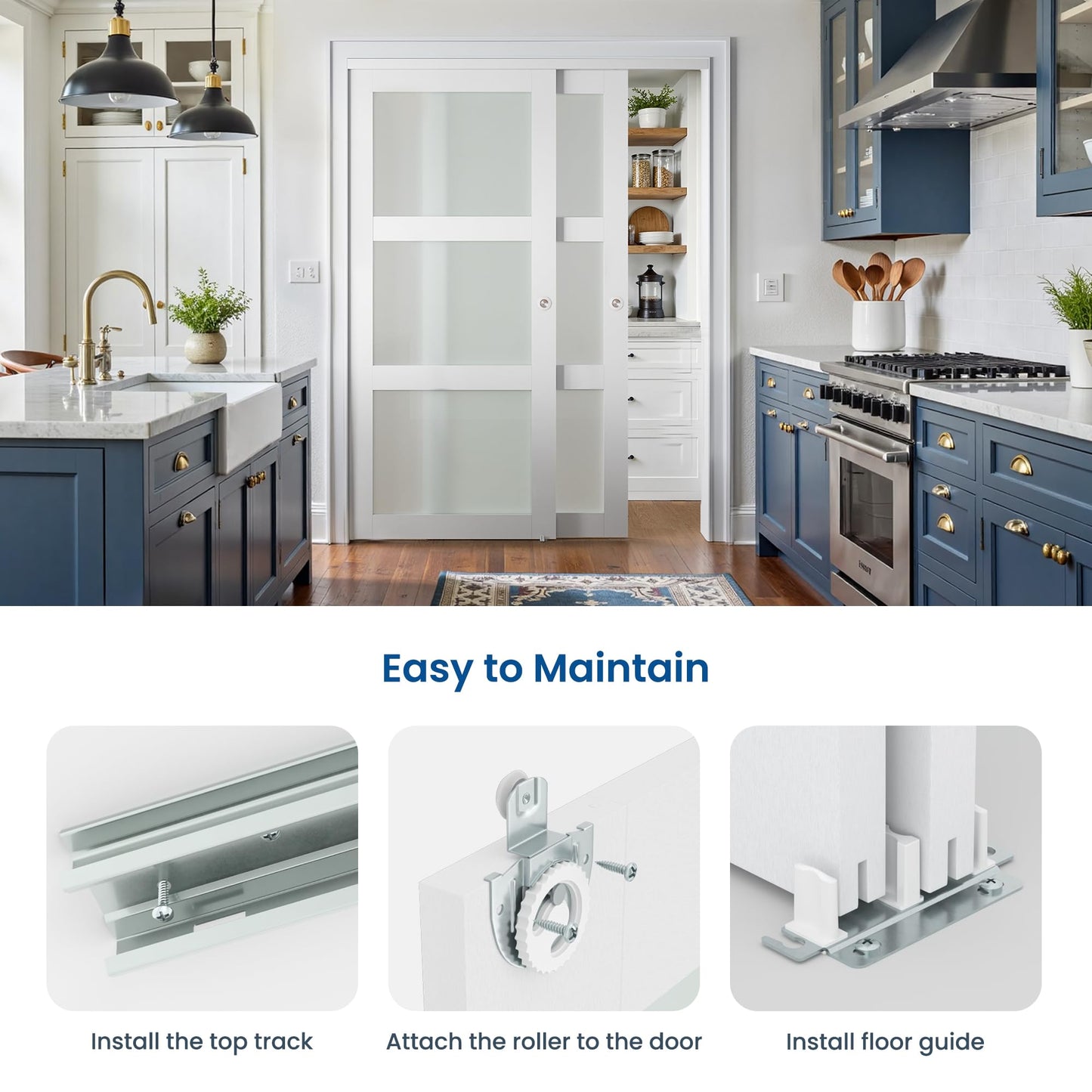 COSHOMER Sliding Closet Door for 72" x 80" Opening, 3-Lite Frosted Glass MDF Barn Door with Hardware Kit Set, Door Panels Need to Assemble, White