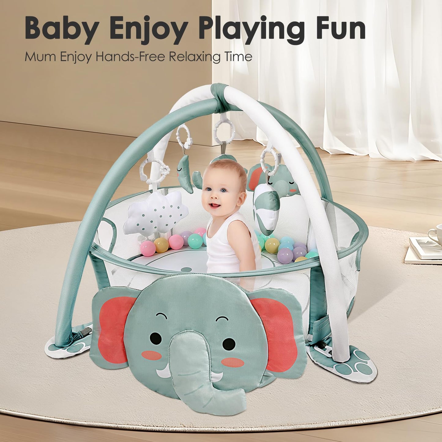 dearlomum 4-in-1 Baby Play Mat Baby Gym,Ball Pit Including 30 Balls for Newborn Toddler Boy & Girl Gifts(Elephant)