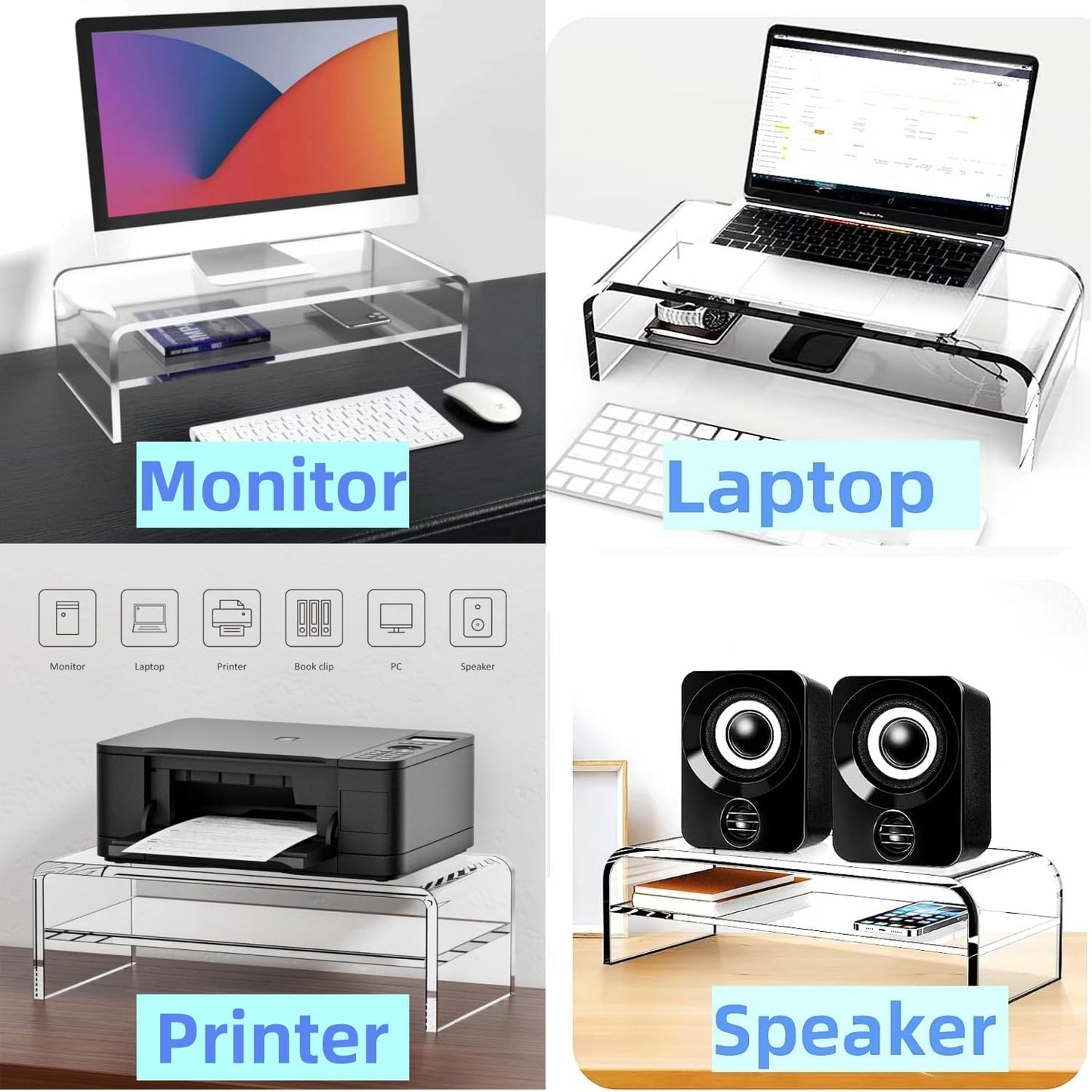 2 16/20 Inch, (16in) Acrylic Monitor Stand, Tier Riser with Storage Shelf, Clear, Home Office Desk Organizer
