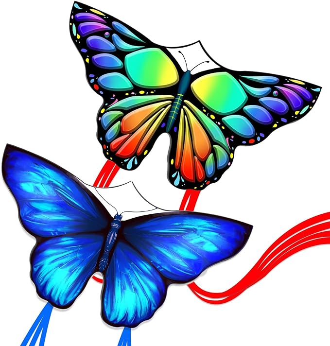Simxkai Butterfly Kite for Kids & Adults, Easy to Fly Blue Big Kite for Beginners, Line Handle Included (1Pack 2Pack)