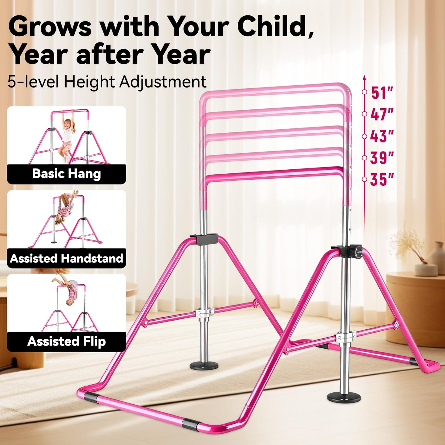 WATBKHE Kids Gymnastics Bar Gymnastic Equipment for Home Adjustable Height Gymnastic Training Bar Gymnastic Stuff for 3-7 Years Old Girls (Pink)