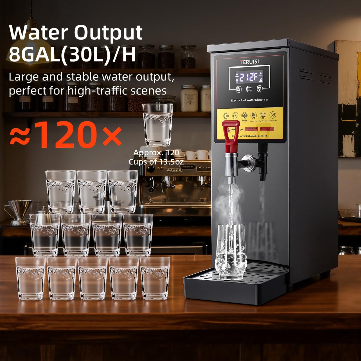 TERUISI Commercial Hot Water Dispenser, 1600W Electric Water Boiler Countertop, 30L(8Gal)/H Step-Heating Stainless Steel Water Dispenser with 86°F-212°F Temperature Control for Office Bars Hotel, 8L