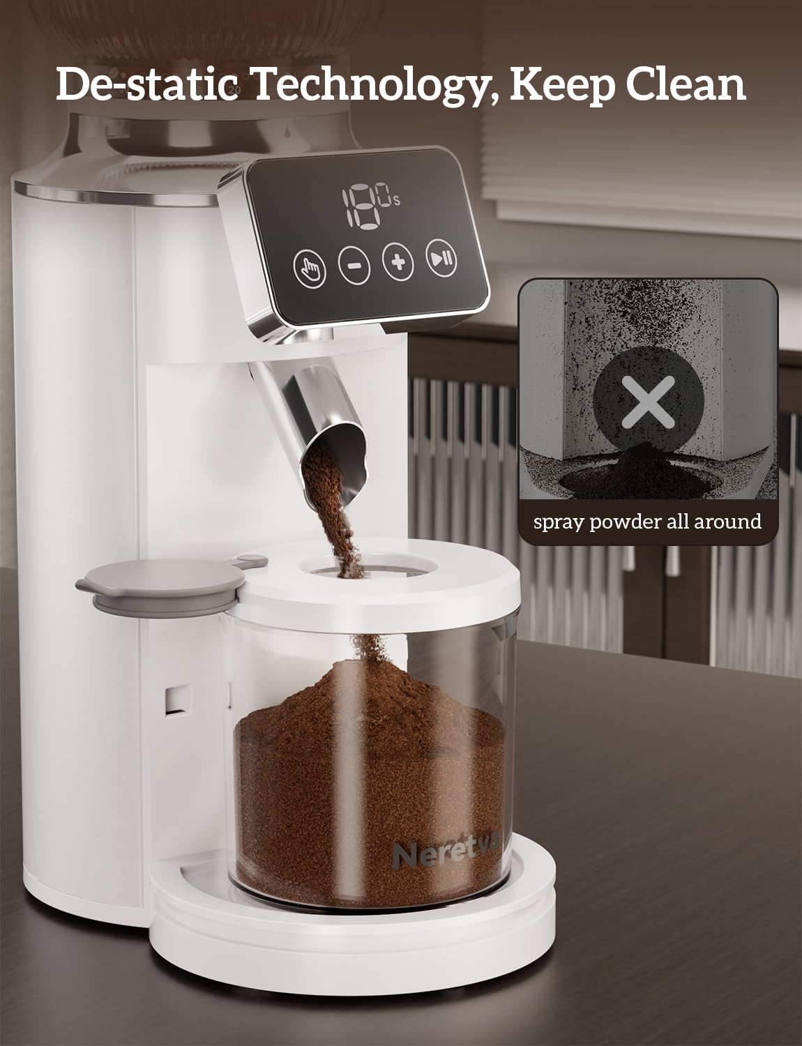 Neretva Espresso Grinder, 2 in 1 Professional Coffee Bean Grinder Stainless Steel Suit 51~58mm Portafilter Burr Coffee Grinder 30 Precise Setting&Anti-Static for Espresso/French Press/Drip/Moka-White