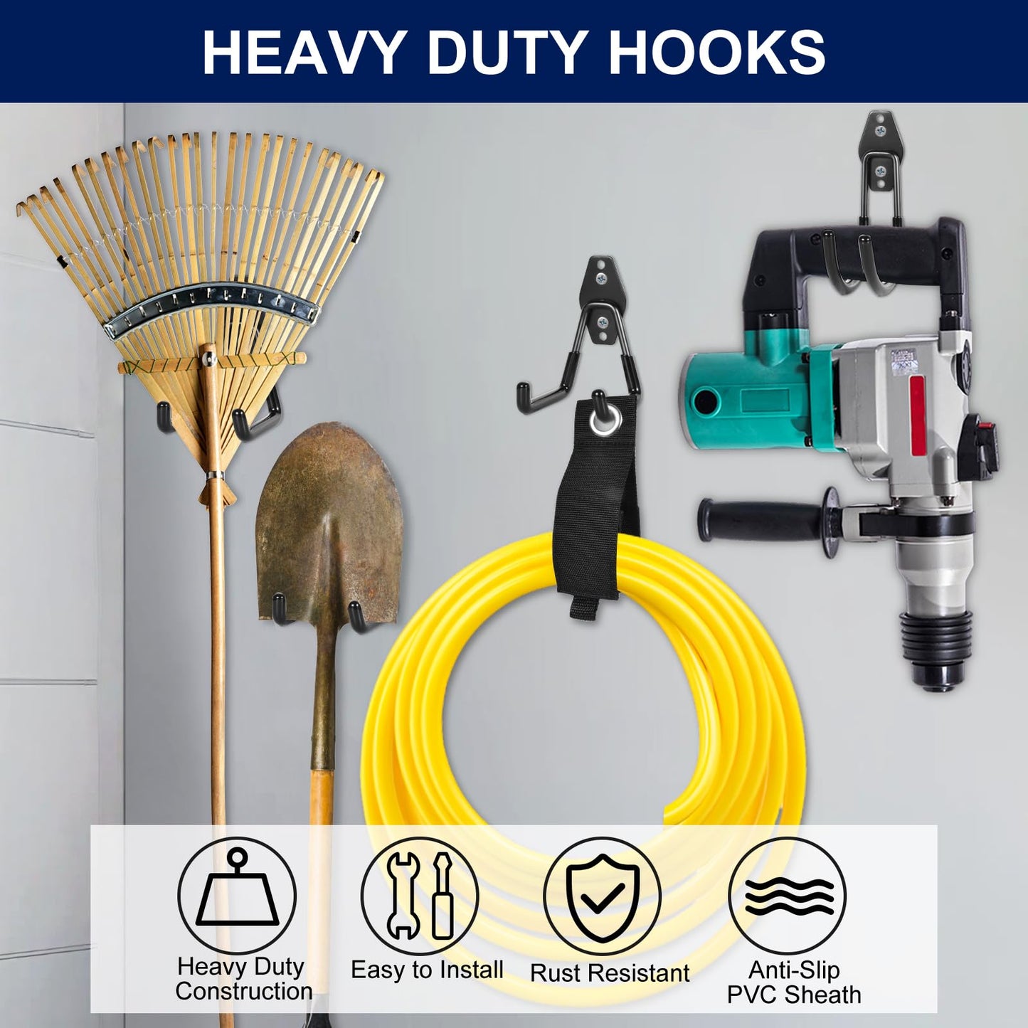 PVZZRKL 18 Pack Garage Hooks, Anti-Slip Coating, Hooks for Hanging Heavy Duty for Garages, Bicycles, Ladders, Gardening, Tools, Including 3 Organizing Straps