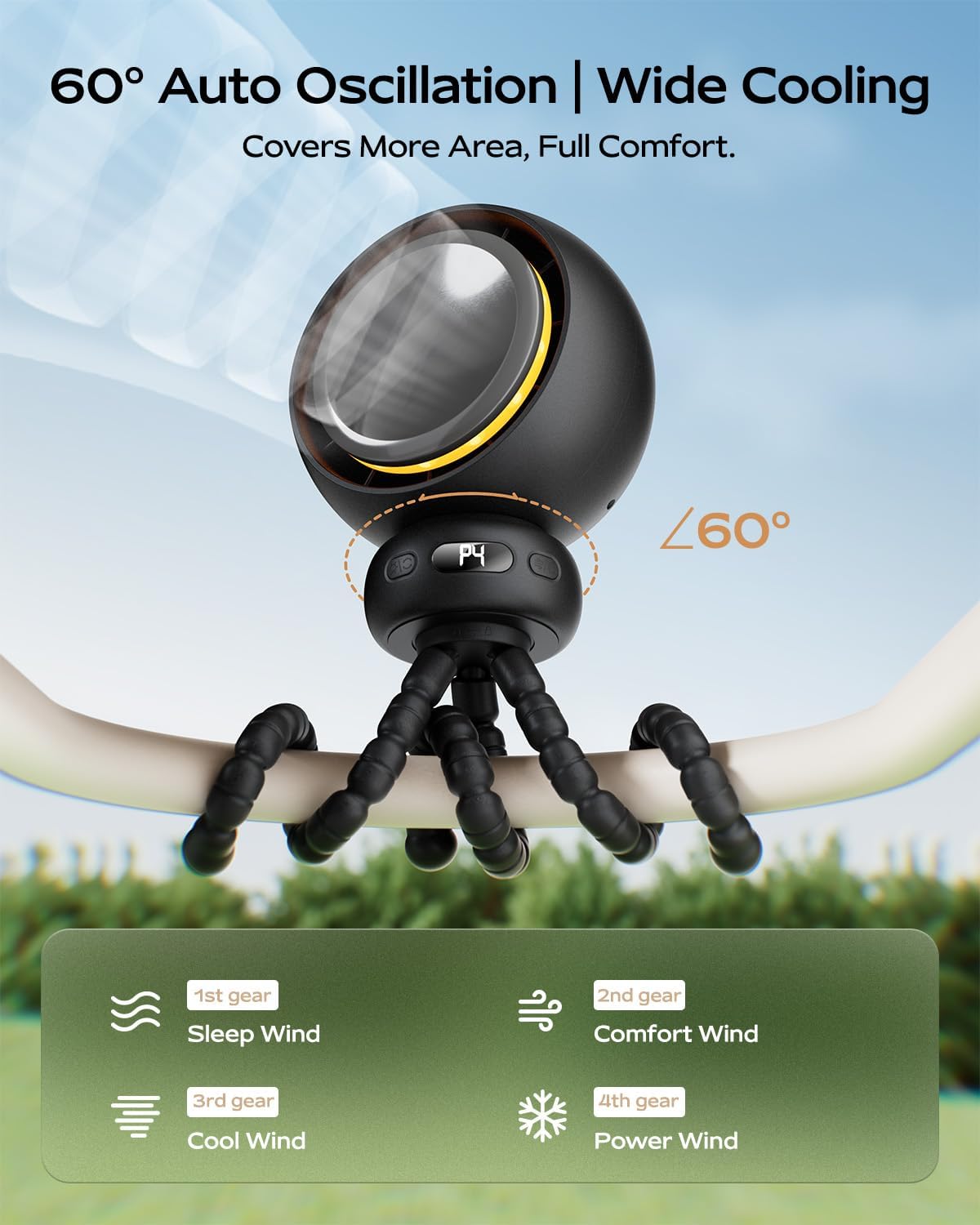 Skiennix Mini Portable Stroller Fan - 60° Auto Oscillation, USB-C Rechargeable, 4 Speeds, Night Light & Flexible Tripod (Black)