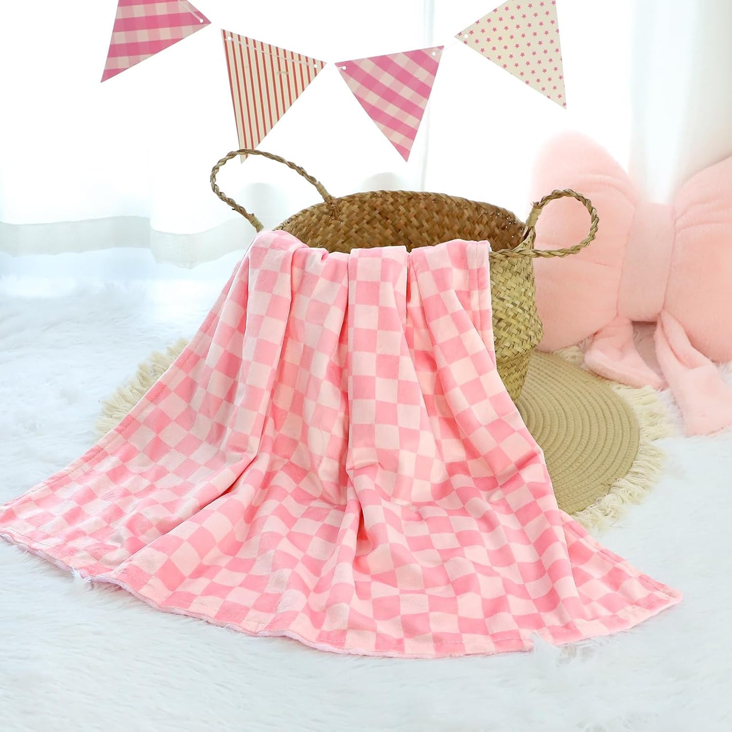 Skiennix Baby Blanket - Double Layer Toddler Blanket with Dotted Backing | Pink Checkered, 30x40 Inches