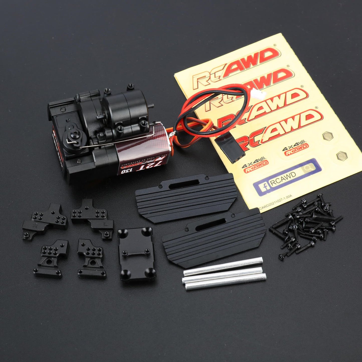 RCAWD SCX24 2 Speed Shifted 72T 130 RC Motor & 10% Torq Upgrade Gearbox Center Transmission Gear Set & Shock Tower Mounts & Slide Pedals for Bronco C10 Deadbolt JLU Gladiator Dodge Power Wagon Black