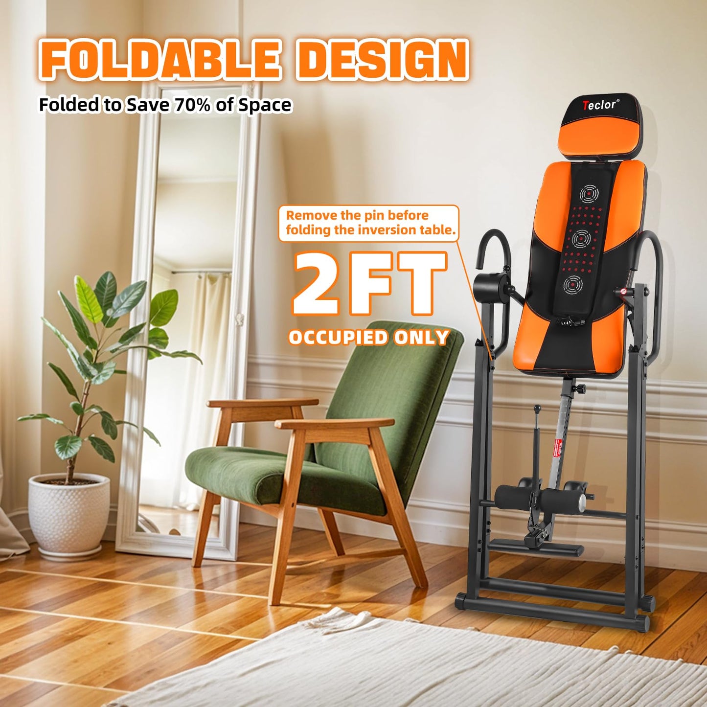 Teclor Inversion Table,Advanced Heat and Massage Function,Strength Training Inversion Table for Back Pain Relief,Heavy Duty Inversion Table 350 lbs Capacity with Wider and Thickened Backrest
