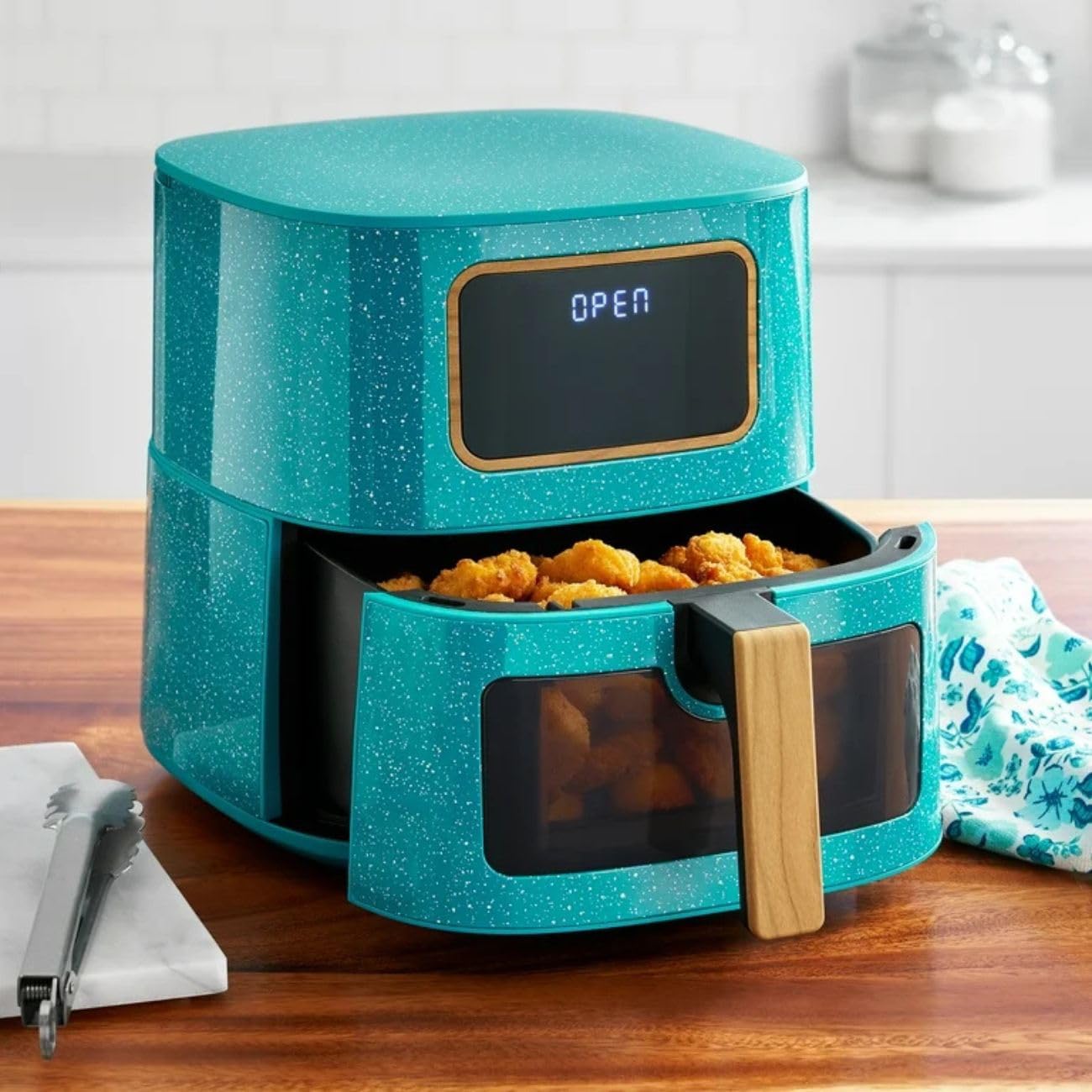 P. W. 5.8 Qt Digital Air Fryer, Touchscreen with Window, Nonstick Basket, 1500W, 6 Smart Cooking Functions, Energy Efficient (Teal)