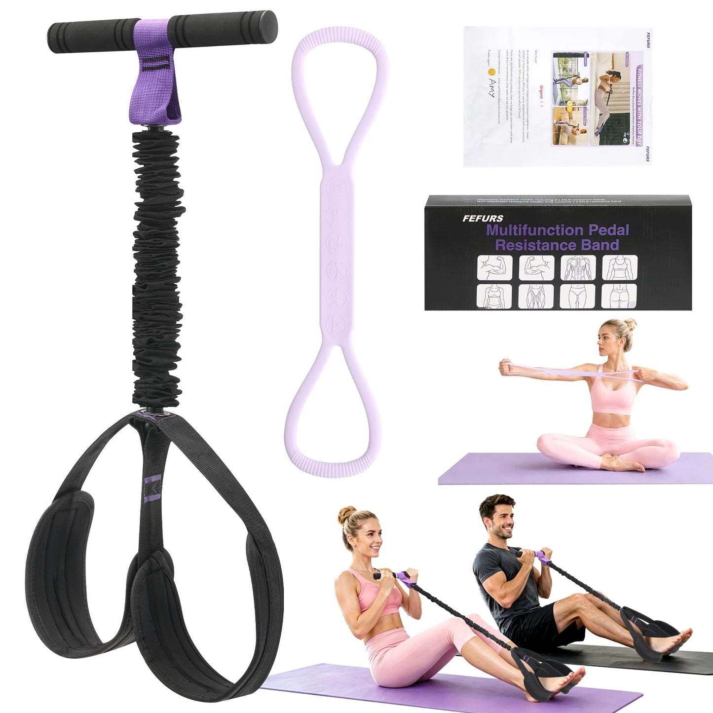 FEFURS Foot Pedal Resistance Band with Handle,55LB Exercise Bands with Foot Pedal,Upgrade Full Body Workout for Women Man, Core Abs Legs Glutes Arms, Pilates Strength Training Home Gym Equipment