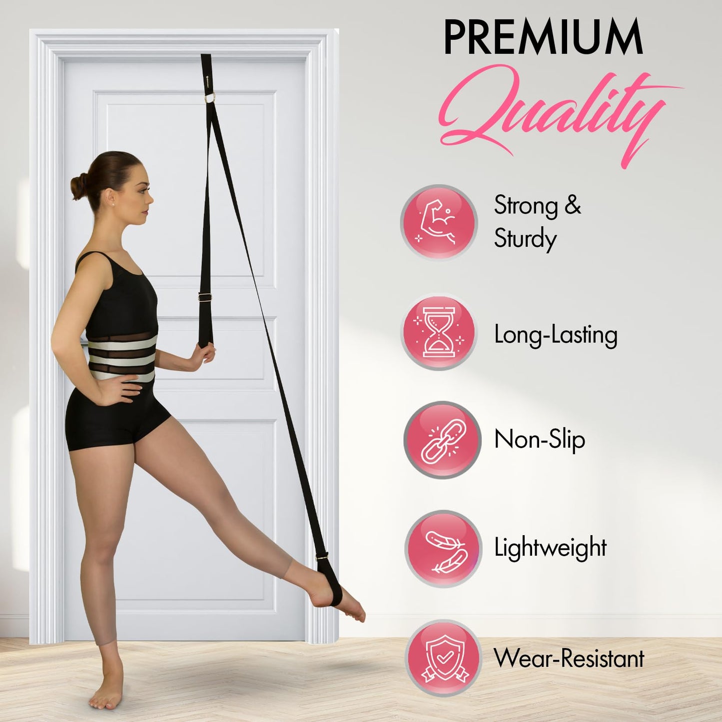 Stretching Strap With Door Anchor - Stretching Equipment to Improve Legs Flexibility - Splits Trainer For Home Ideal In Ballet, Dance, Cheerleading, Taekwondo, Yoga, Pole Dancing & Gymnastics (Black)