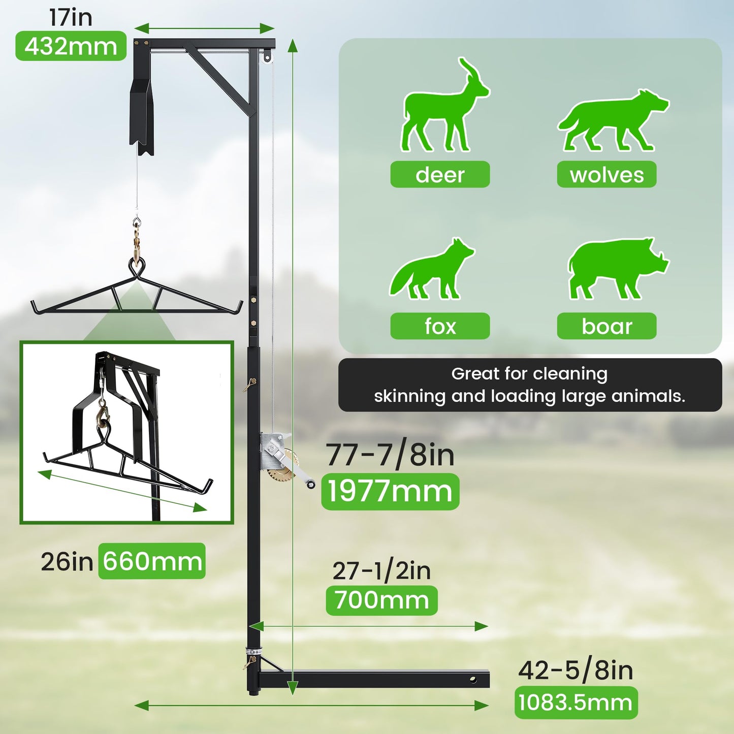 ECOTRIC Truck 2" Hitch Game Hunting Hoist, 600LB Big Game Hunting Deer Hoist, Include Gambrels Winch for Skinning or Cleaning Game, Winch Lift Gambrel Set 360 Degree Swivel Hitch Mounted
