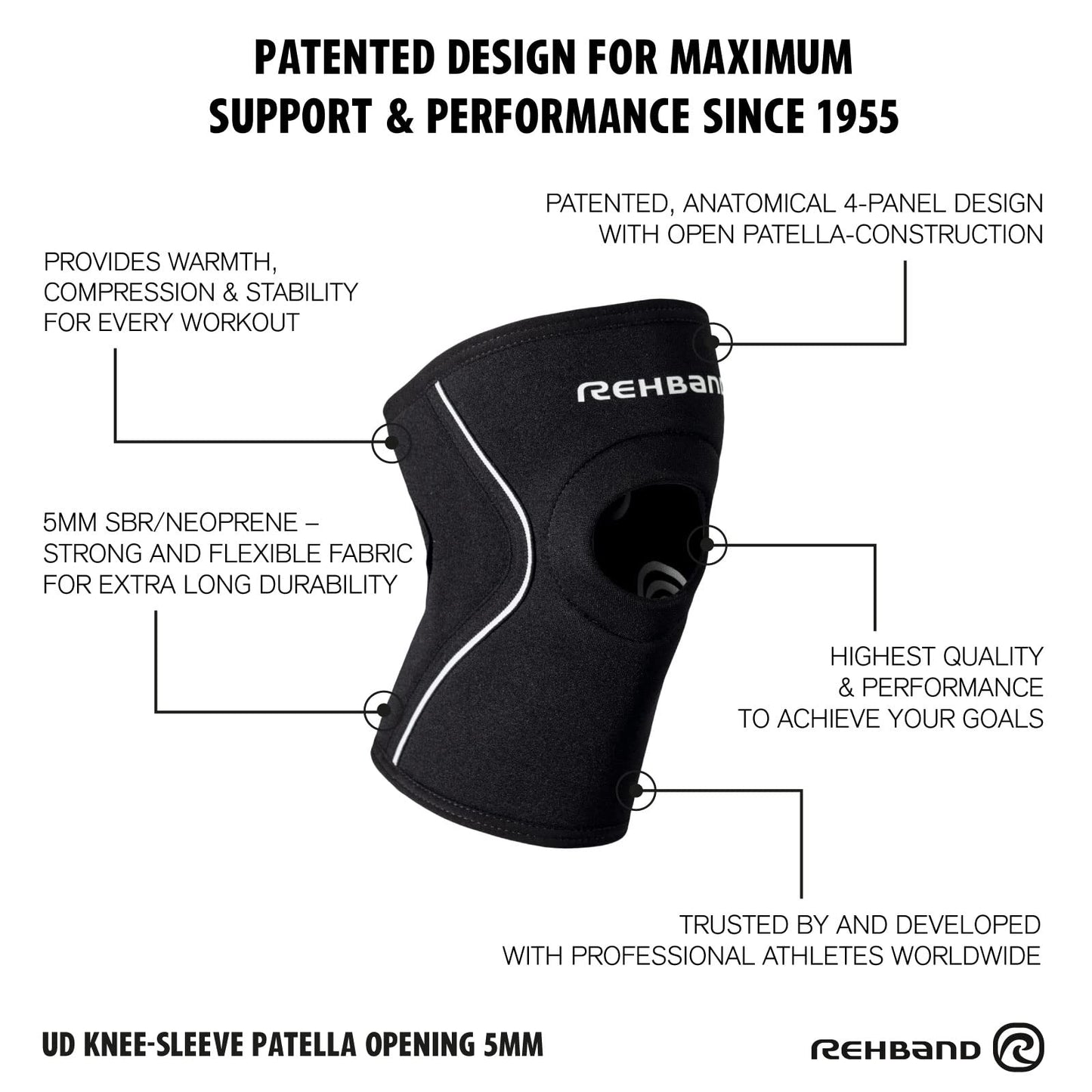 Rehband Open Patella Knee Brace 5mm Neoprene, Supportive Knee Sleeve with Patella Support, Knee Protection for Strength Training, Jogging & Fitness, Colour:Black, Size:Large