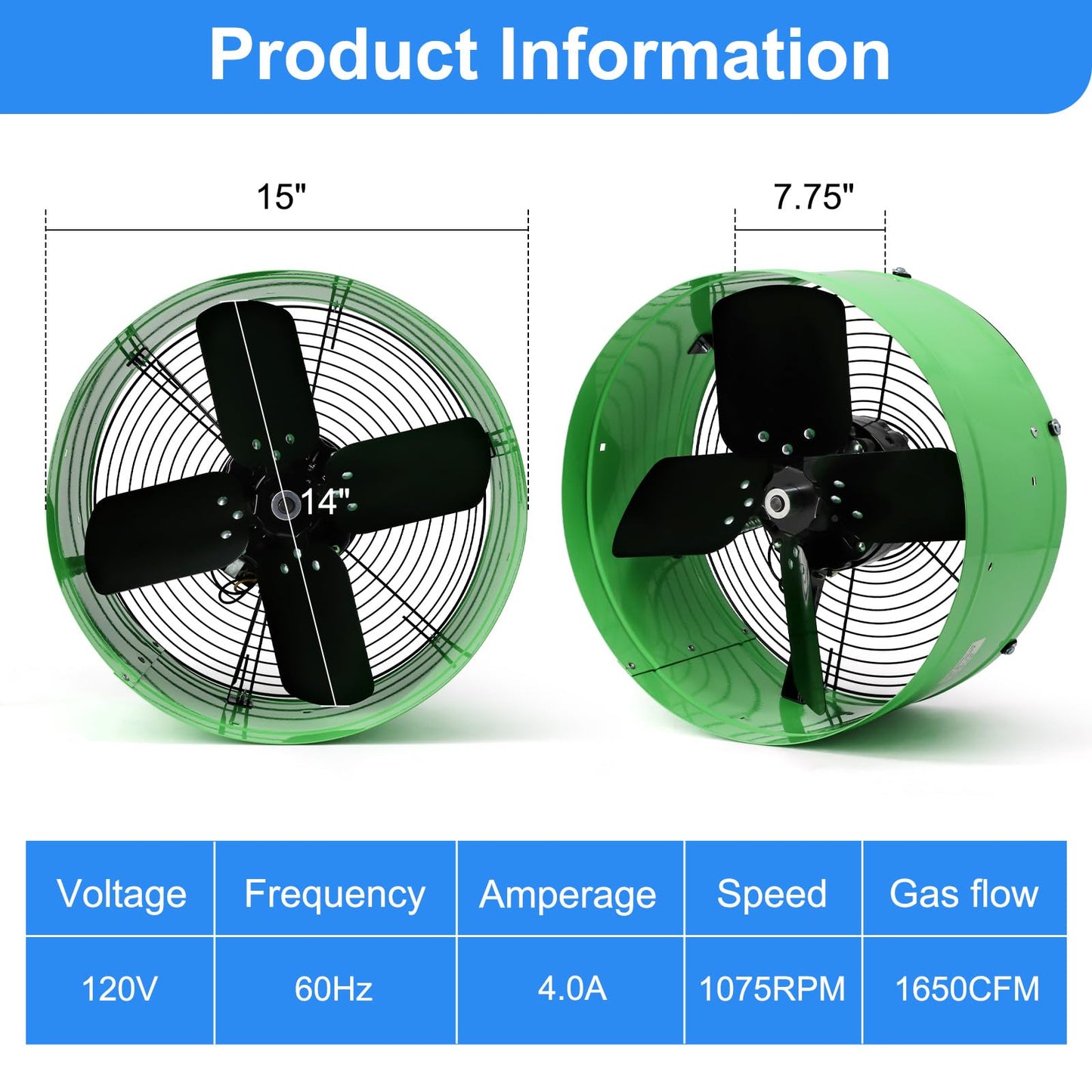 Vent Attic Fan with Adjustable Thermostat, 15" Gable Mount Ventilation Exhaust Fan 1650 CFM, 1075 RPM, 2500 SQ. FT. Attic Ventilator Green for Gable, Shed, Home