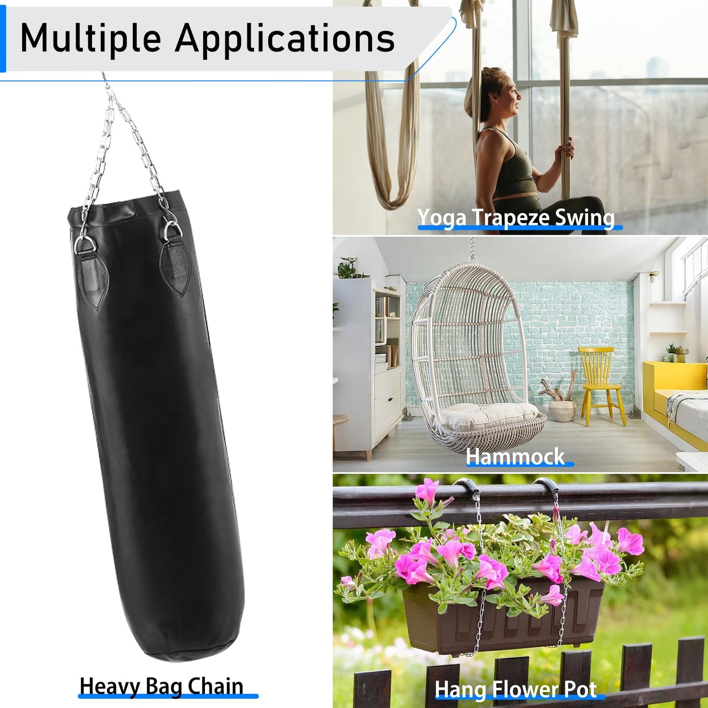 2 Pack 30 Inch Heavy Duty Chains, 1/5 Inch Thick Steel Hanging Chain with Spring Snap, Easy to Install Chain Extender for Punching Boxing Bag, Hammock, Porch Yoga Trapeze Swing, Silver, 440LB