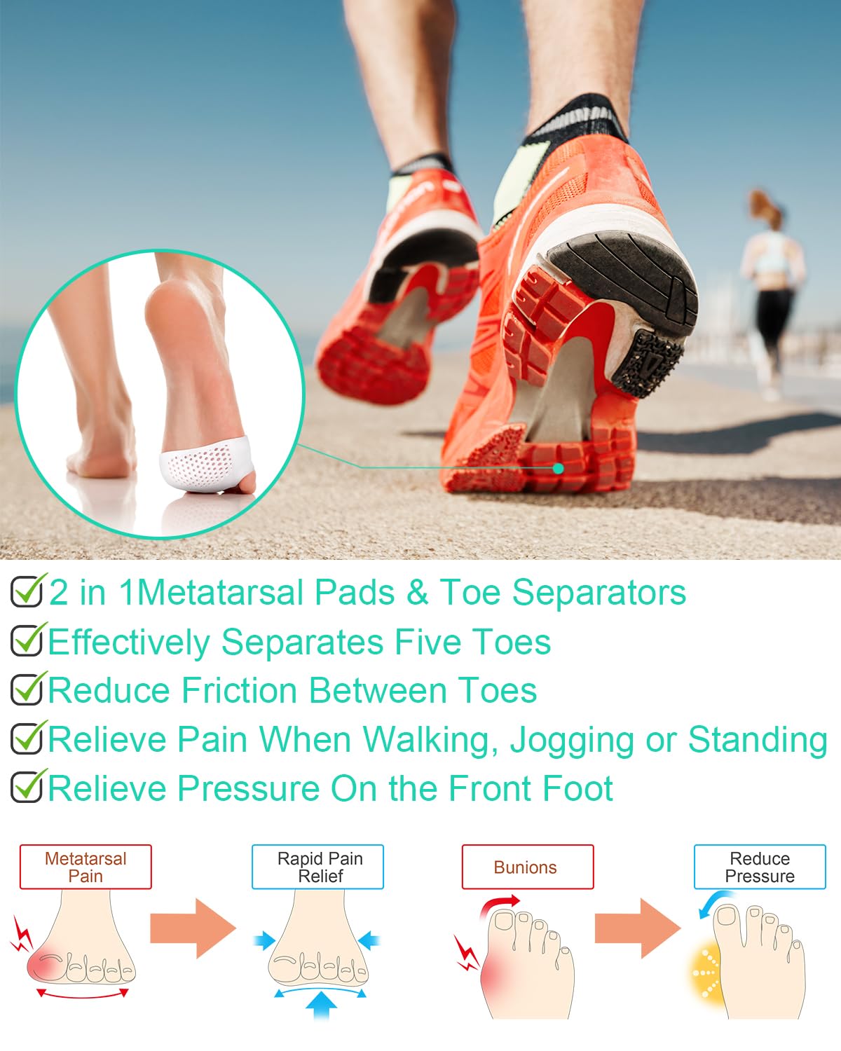 PGRODE 3 Pairs Metatarsal Pads Toe Spacers Separators for Bunion Correction, Soft and Breathable Foot Cushion Hammertoe Corrector for Women Men Feet Relief