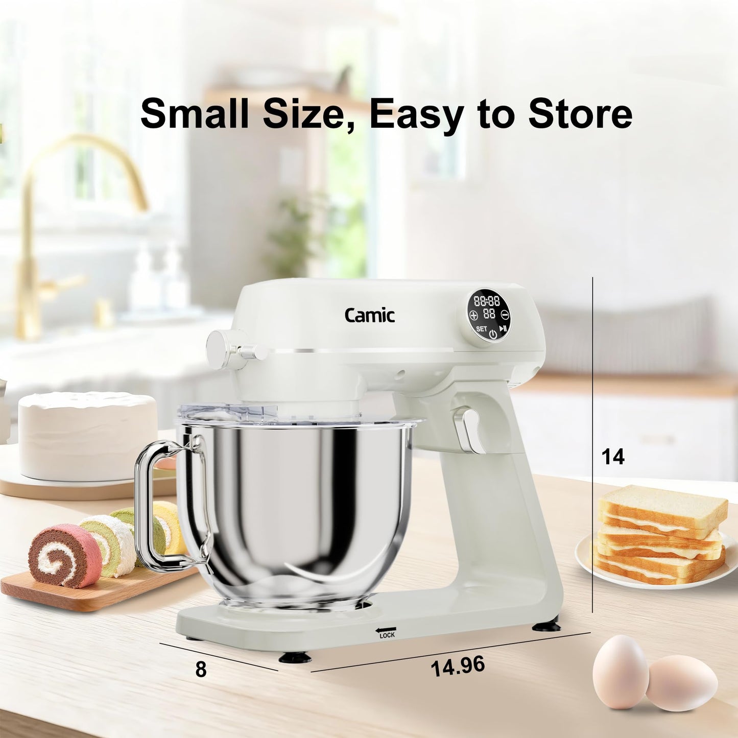 8.45 QT All Metal Stand Mixer,10 Speed Large Capacity Kitchen Mixer with Digital Timer & Tilt-Head, Electric Mixer with Whisk Dough Hook Mixing Beater for Baking,Cakes,Cookie,Bread,Salad (White)