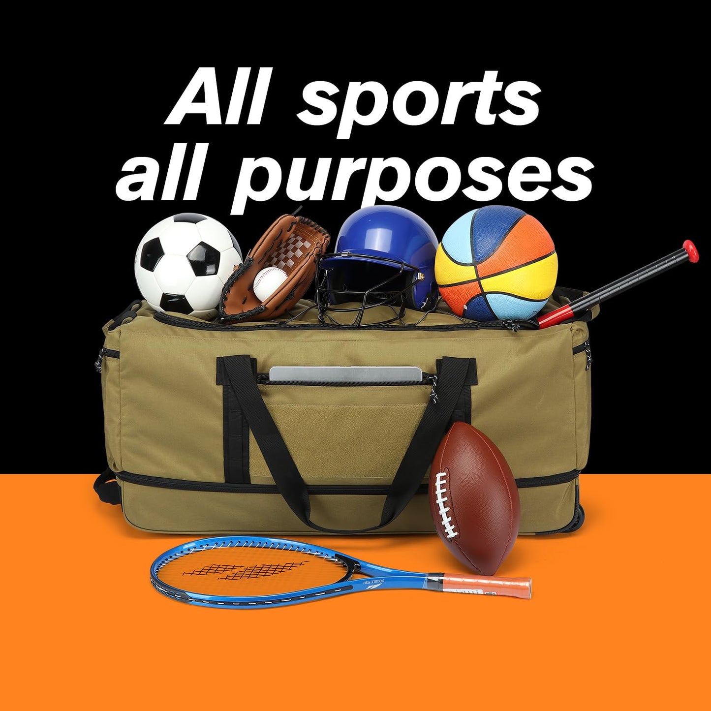 170L Extra Large Baseball Bag with Wheels Gym Duffle Softball Catchers Coach Team Equipment Bags Collapsible Rolling Travel Duffel Bat Gear Bag for Hockey Basketball Football Volleyball Soccer, Brown