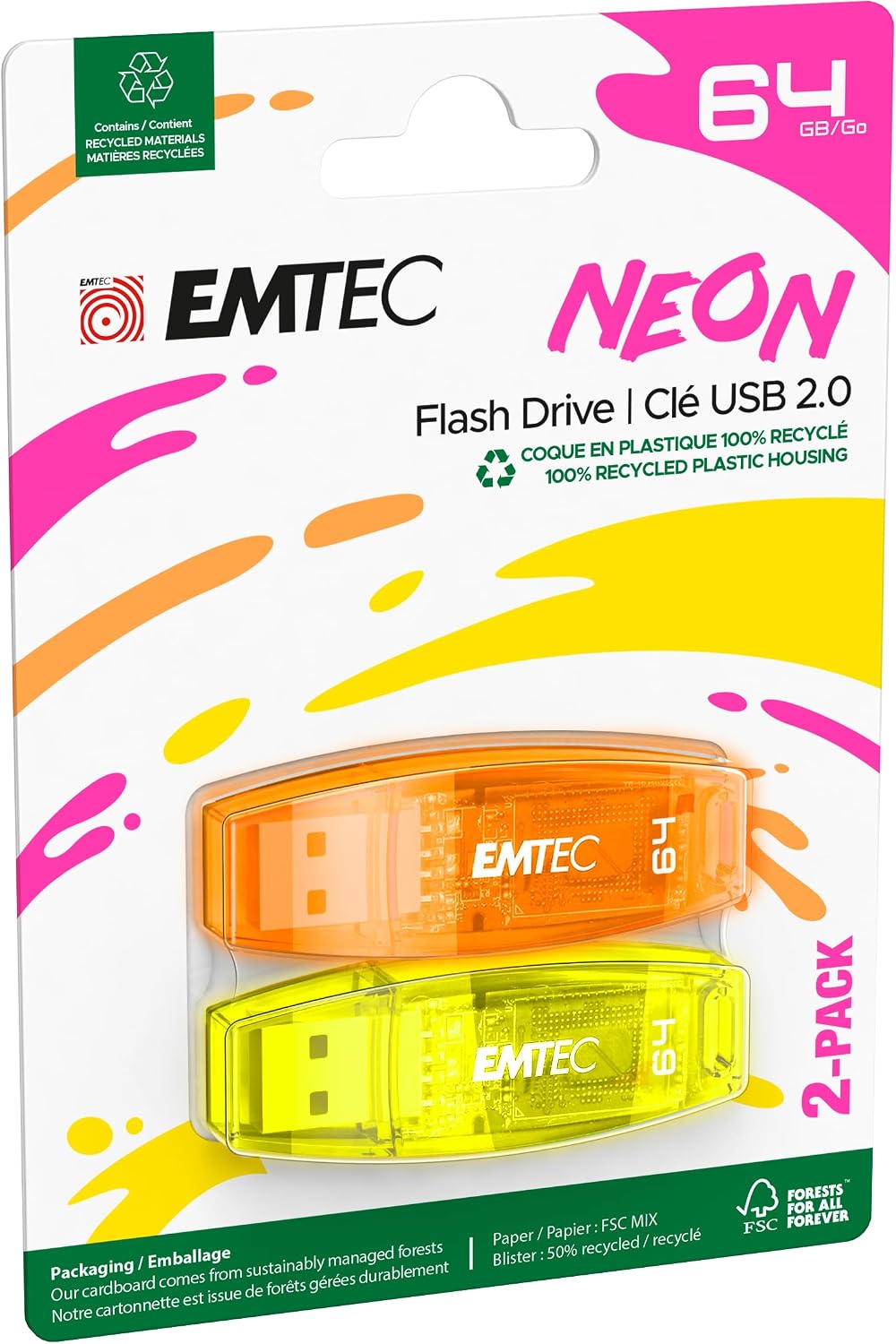 Emtec C410 64GB 2.0 Pack 2 Neon Flash Drive - USB - Transparent Neon with Cap