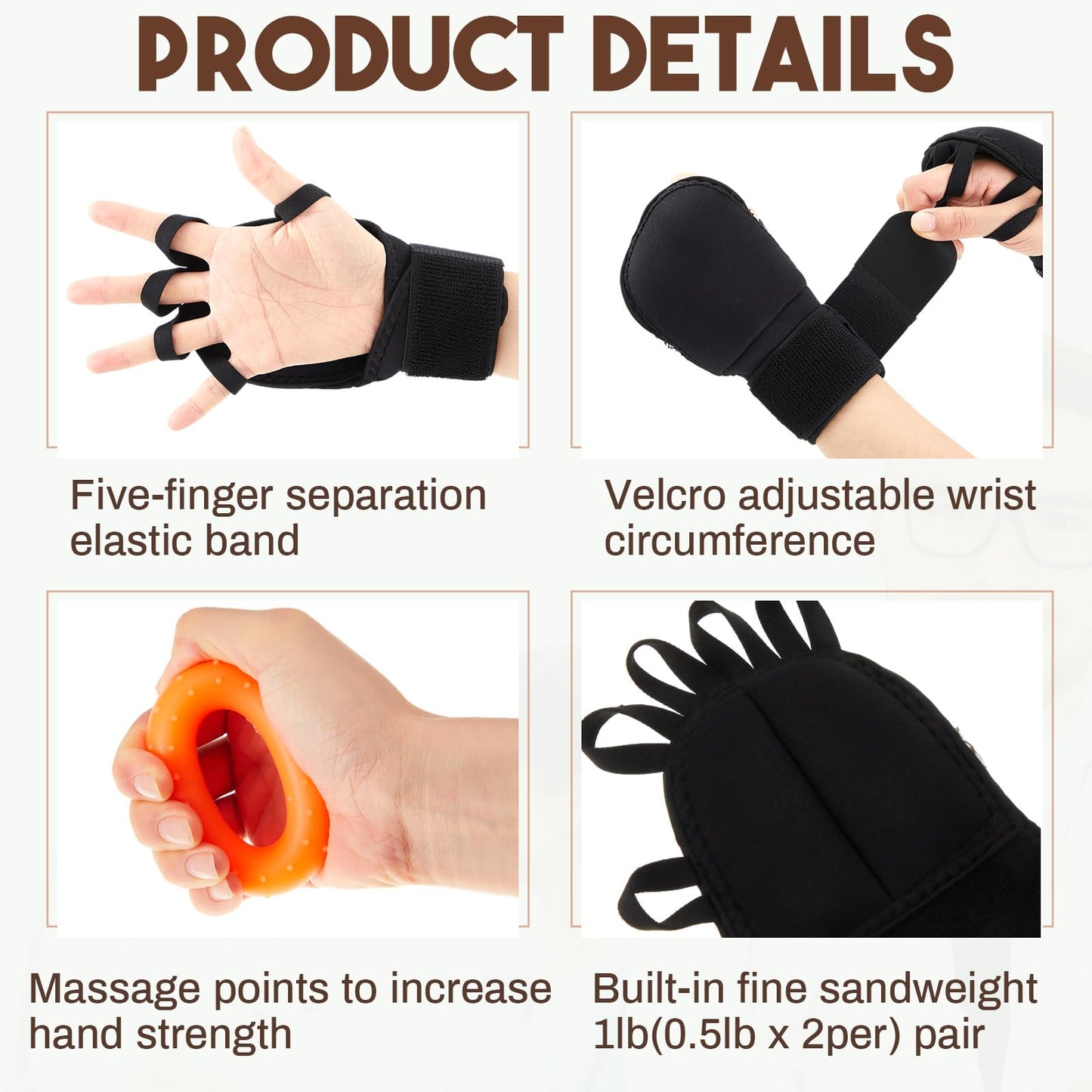 RoundFunny 4 Pack Weighted Gloves for Tremors with 2 Grip Strength Trainer, Adjustable Wrist Weights for Hand Tremor Relief, Improve Writing Stability Daily Strengthening Adults Hand Exerciser(Black)