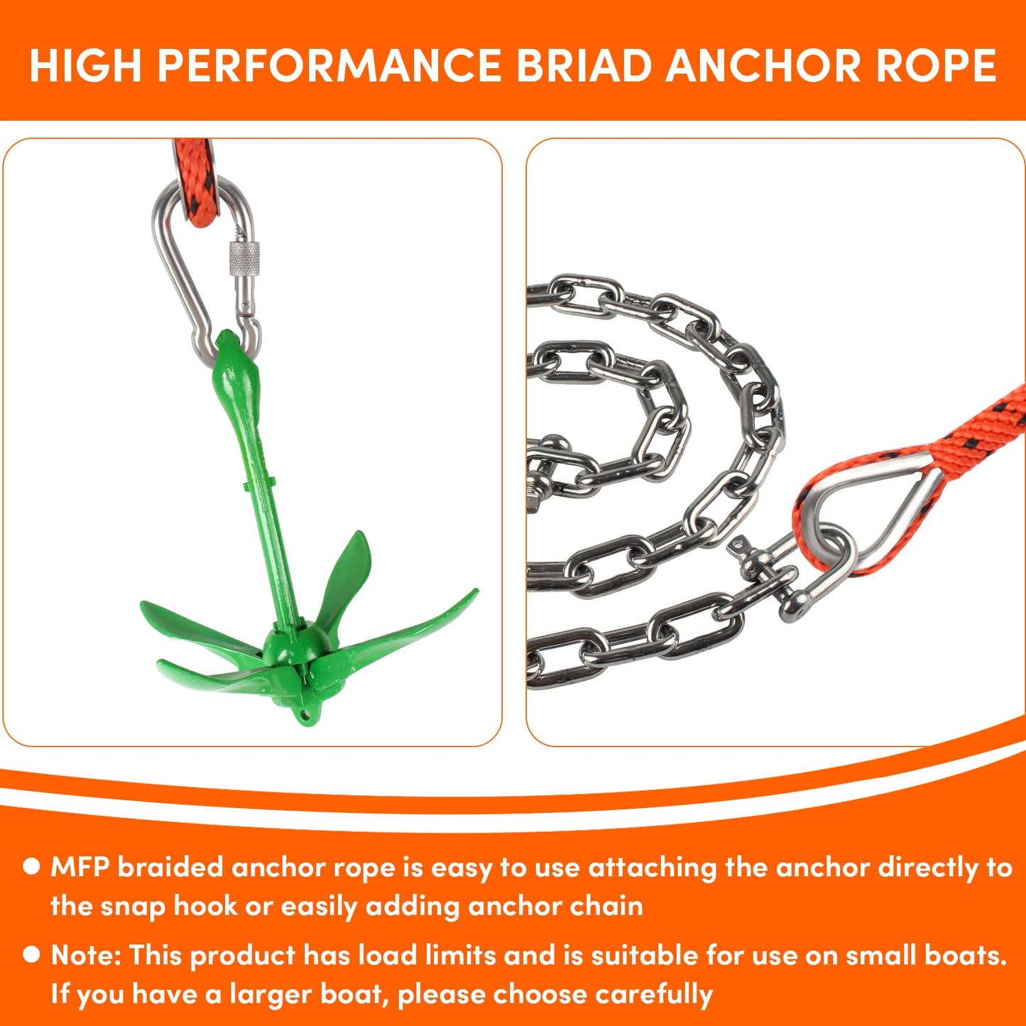BALAVA Anchor Rope 50FT x 3/8in,Premium Solid MFP Braided Anchor Rope Anchor Line,Boat Anchor Rope with Stainless Steel Thimble & Snap Hook,Boat Rore Marine Rope for Anchors and Boats (Orange/Black)