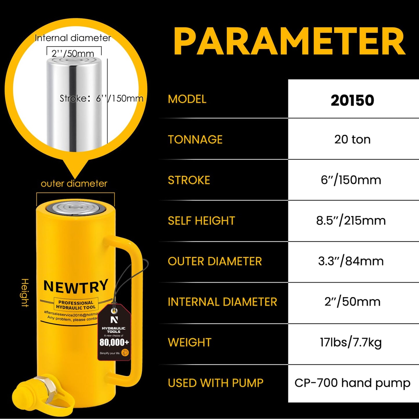 NEWTRY 20 ton Hydraulic Jack Cylinder Long Jack 6” Stroke Portable Hydraulic Ram Industrial Lifting Jack Porta Power Retract Automatically