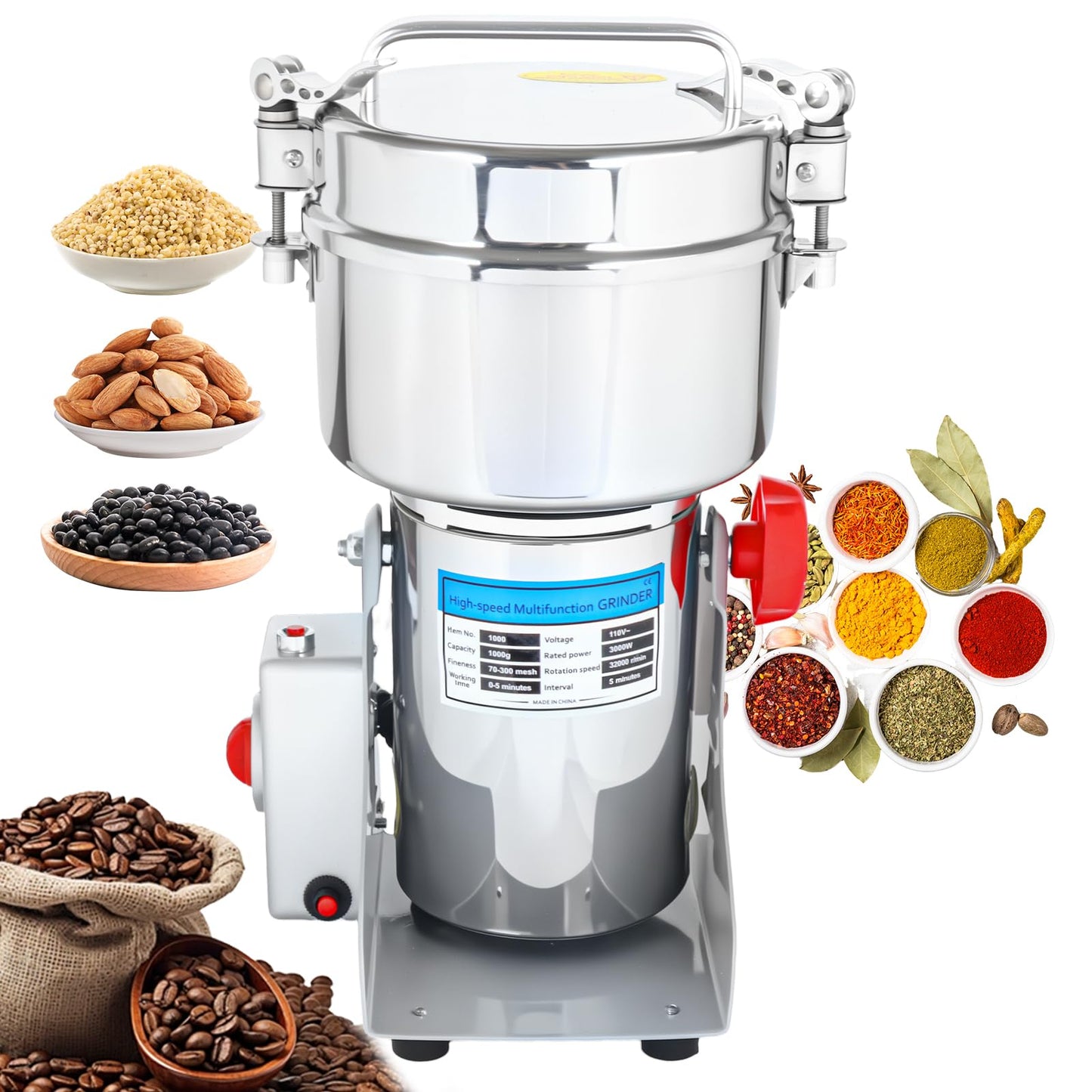 1000g Commercial Grain Grinder - 3000W Heavy-Duty Electric Mill for Coffee, Spices, Nuts & Grains | 32000 RPM | Industrial Stainless Steel | 5 Blades System | for Home & Restaurant Use