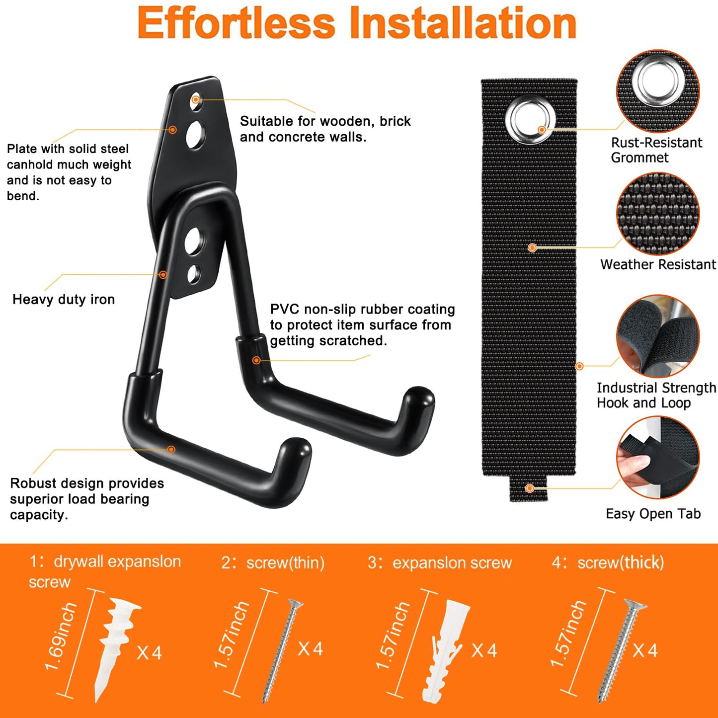 HUPBIPY Heavy Duty Garage Hooks 4 Pack, 7.7 inch U Shaped Long Hanger, with 2 Extension Cord Holder Organizer, Wall Mounted Storage System, for Power and Garden Tool Hanging， Ladders, Bikes, Hose