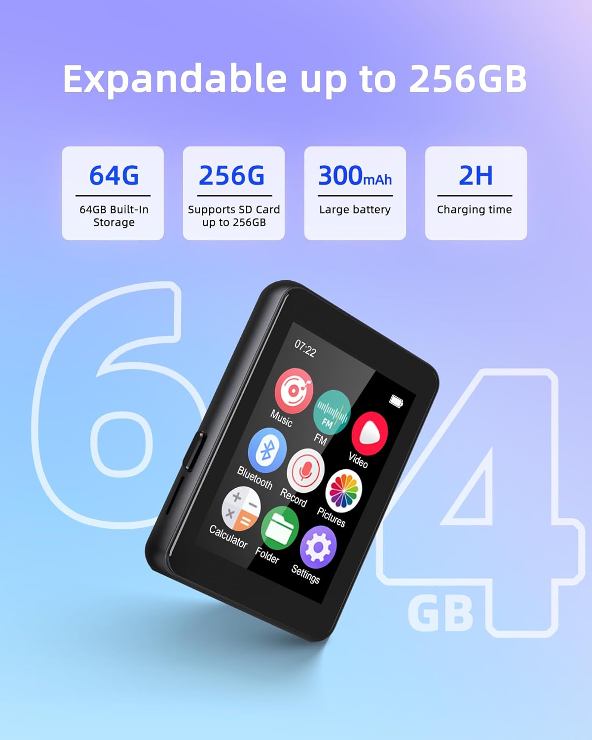 Luoran 64GB MP3 5.3, 2.4" Player with Bluetooth Portable Music Player Full Touchscreen with Speaker, FM Radio, Voice