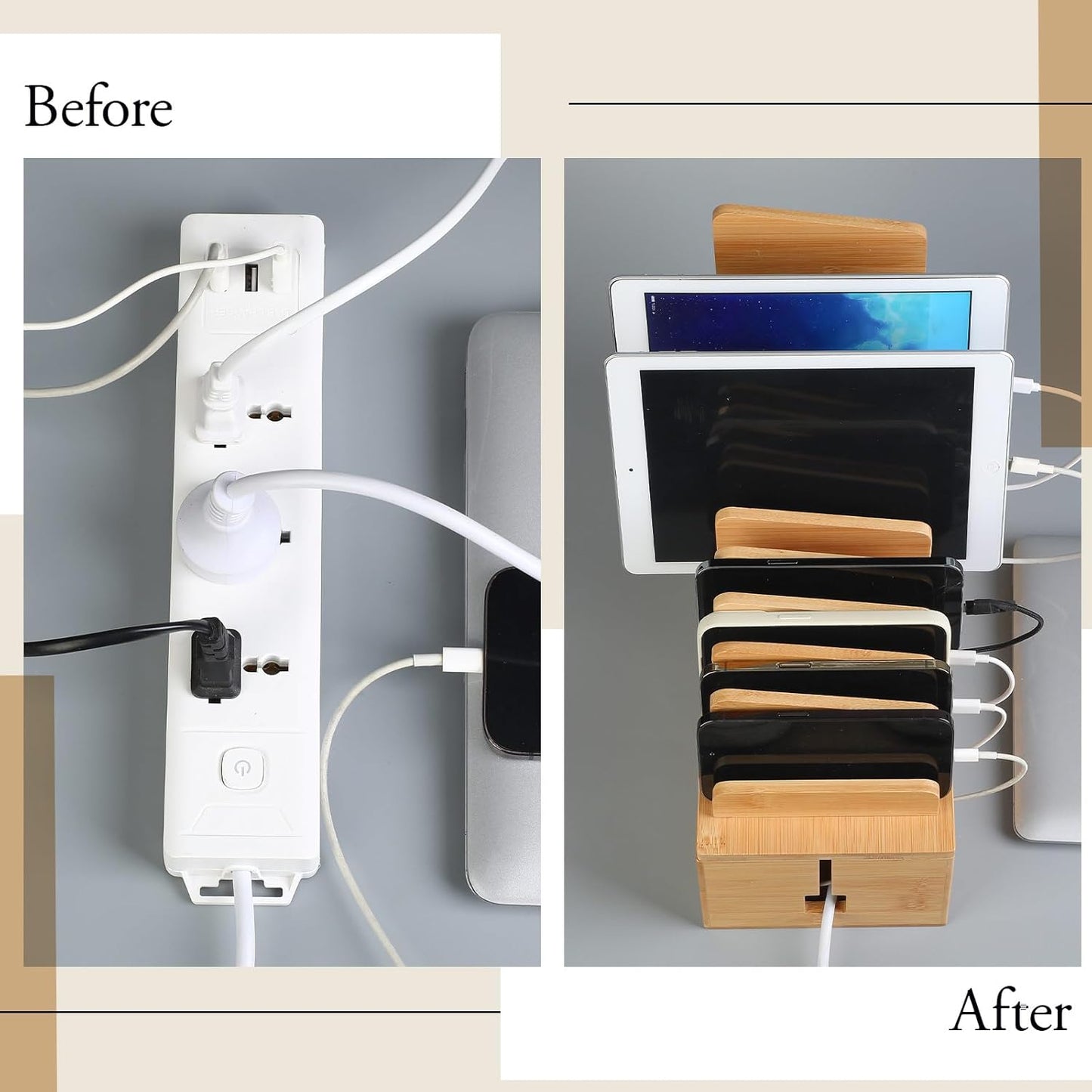 Burbell 10 Bamboo Charging Station for Multiple Devices, Cell Phone Docking Charging Station Organizer and Cord