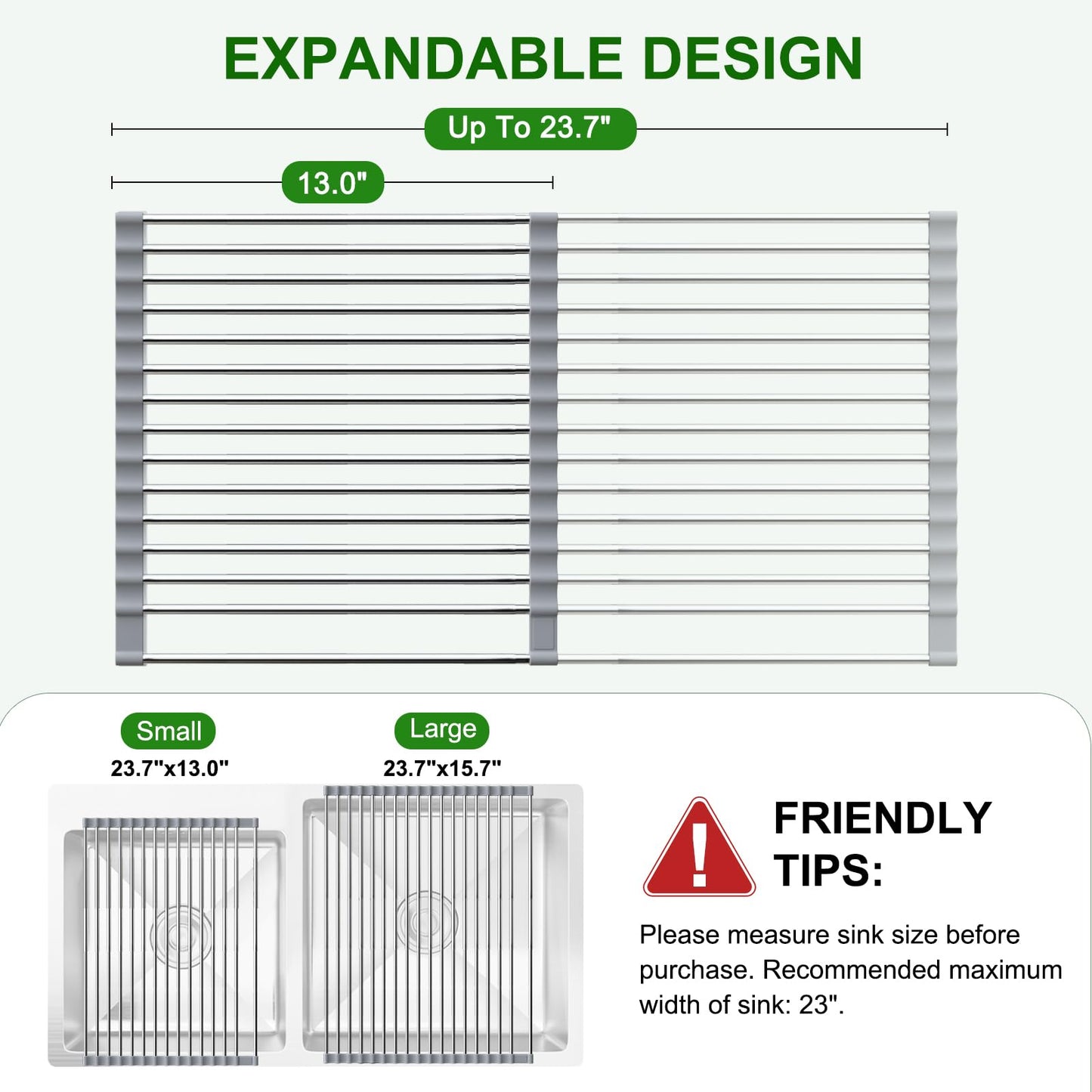 Sindax 23.7" Extra Large Dish Drying Rack, Expandable Roll Up Over The Sink Dish Drying Rack, SUS304 Stainless Steel Multipurpose Kitchen Drainer Rack Up Load to 70Lb