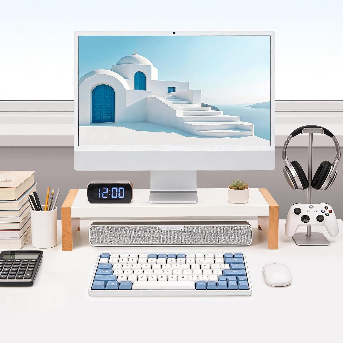 40LB ARCOBIS Monitor Stand Riser, White Metal & Wood Computer Monitor Stand Riser for Desk, Max Load Capacity