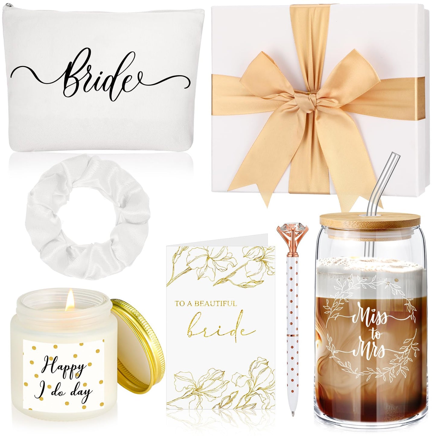 Irenare Wedding Gifts Bride Bridal Shower Gift Including Mrs Can Shaped Drinking Glass with Straw Makeup Bag Crystal Pen Scented Candle Scrunchies Raffia Card Gift Box for Engagement Party(White)