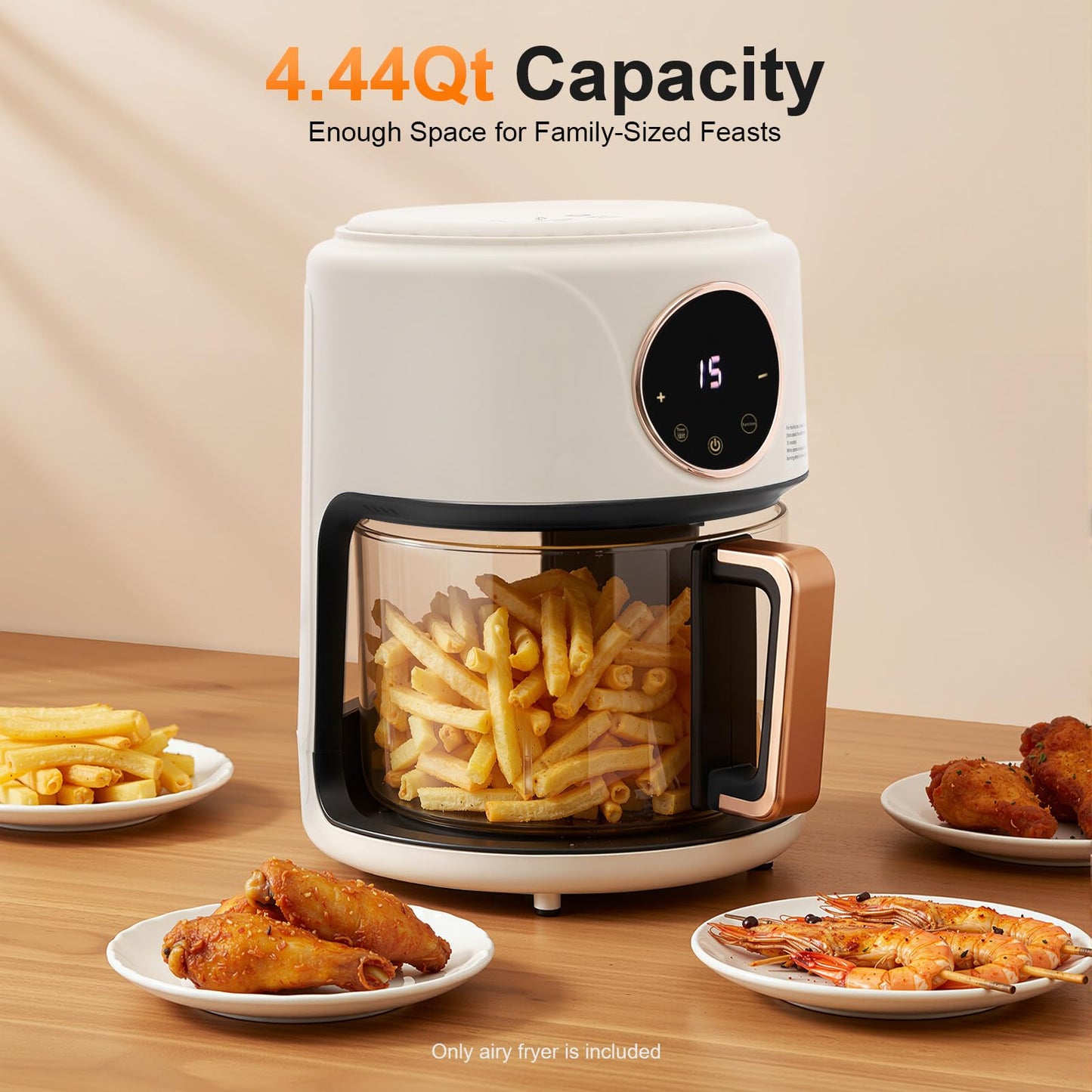 360° Viewable Air Fryer, 4.44 Qt Transparent Glass Air Fryer with 8 Preset Modes, 1200W Adjustable Temp 176°F-392°F Cooker with Digital Display for Home Kitchens & Restaurants