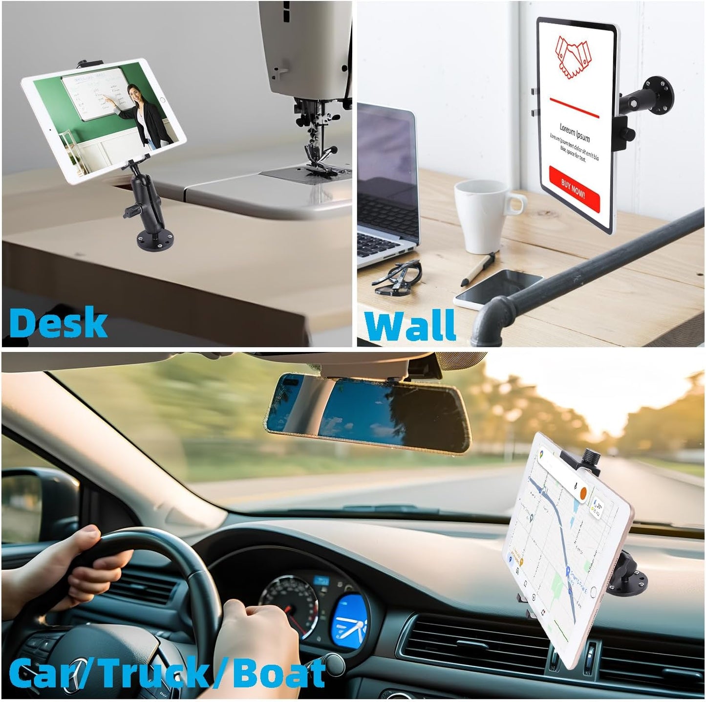 Leenconghui 4.7"-15" All-Aluminum Car Tablet Holder with Heavy Duty Drill Base, Compatible with iPad Pro Mini Samsung