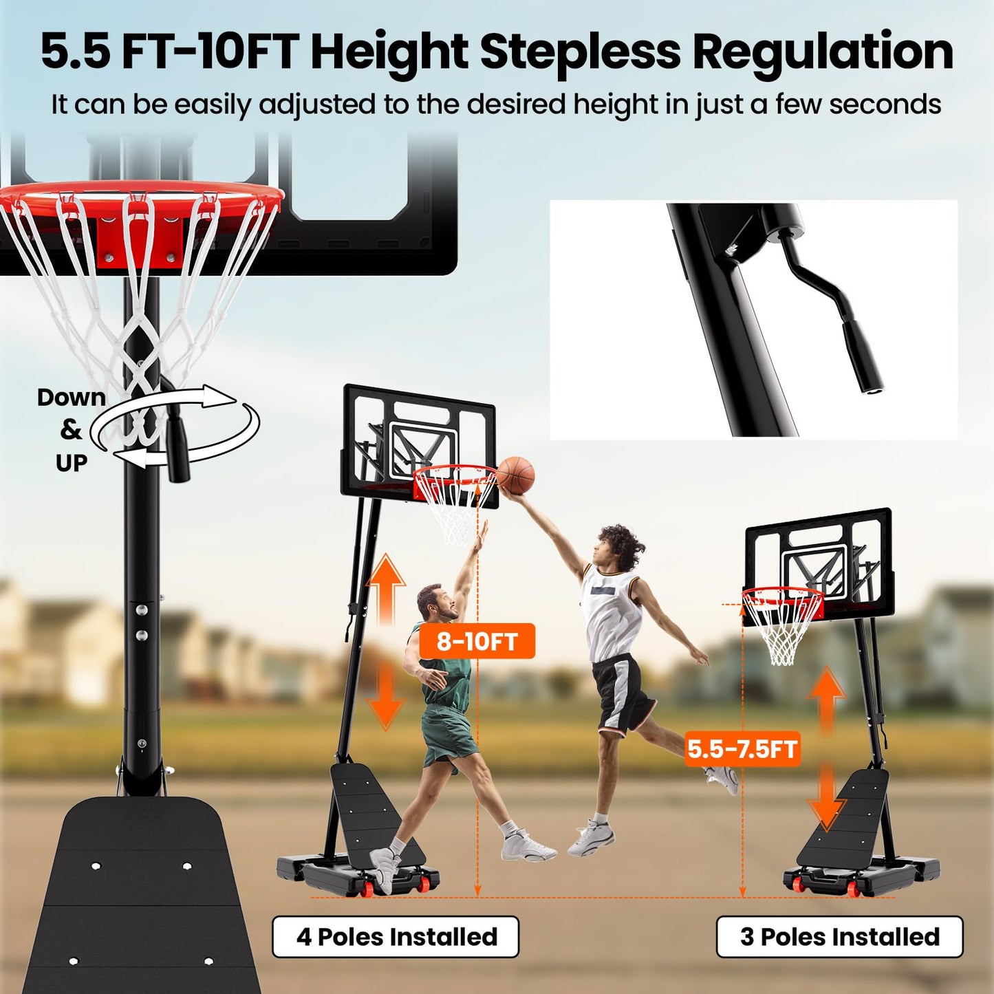 BACKYARD BLITZ Basketball Hoop,44&48in Backboard Portable Basketball Goal System, 10FT Hand-Crank Adjustable Basketball Hoop Outdoor (Black, 40in Backboard)