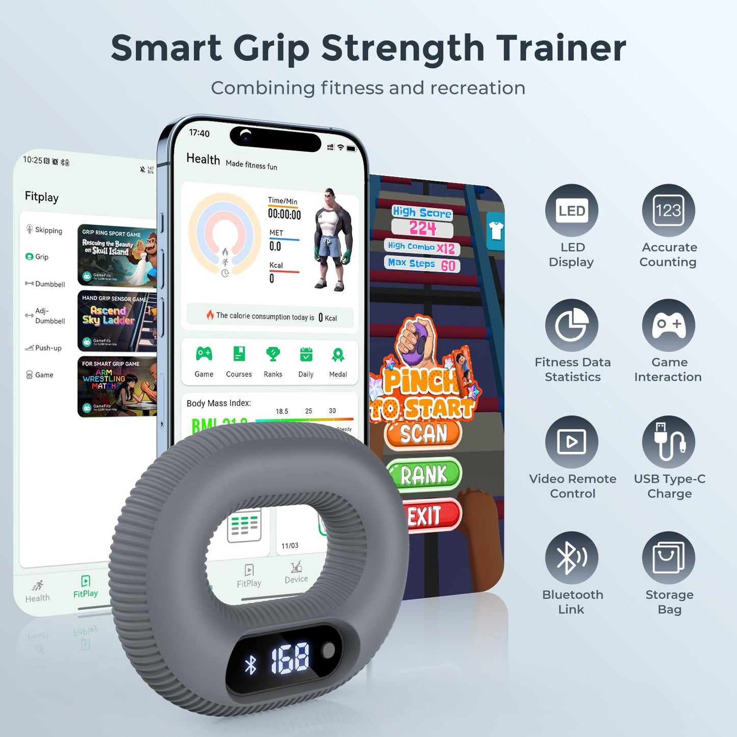 Grip Strength Trainer with Smart Bluetooth APP, Countable Hand Extension Exerciser for Muscle Building and Injury Recover, Portable Hand Exerciser at Office, School and Home Use, Silicone (30 LB)