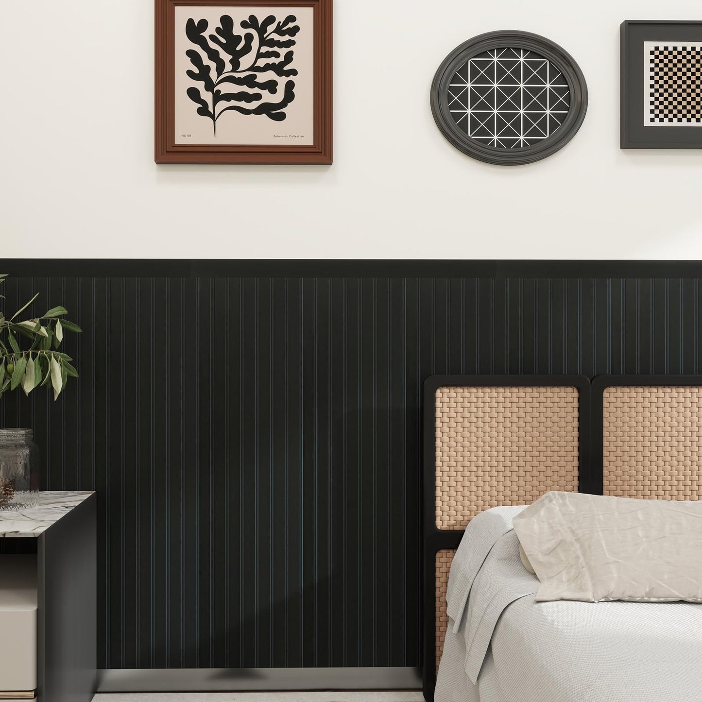 RODENET Wall Wainscoting Panel Kit,8-Pack 38.6"x9.8"(98x25cm) Slat Panels with 2-Pack Molding Trims,Beadboard Board and Batten Panels,DIY Wall Panel Kit - Cover 21.6 Sq.Ft (Black)