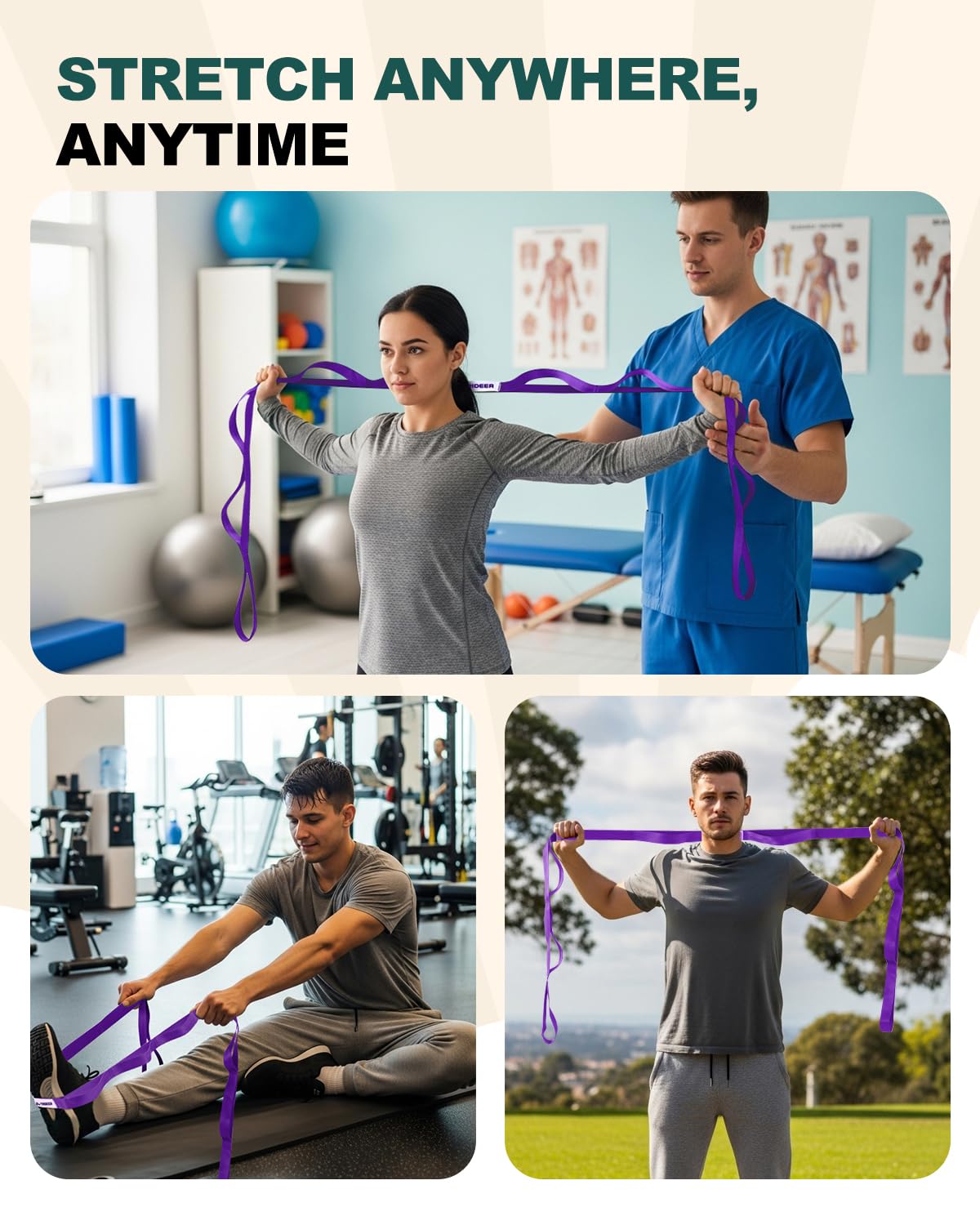Trideer Stretching Strap Yoga Strap Physical Therapy for Home Workout, Exercise, Pilates and Gymnastics, 10 Loops Non-Elastic Stretch Bands with Aesthetic Packaging for Women & Men (Purple)