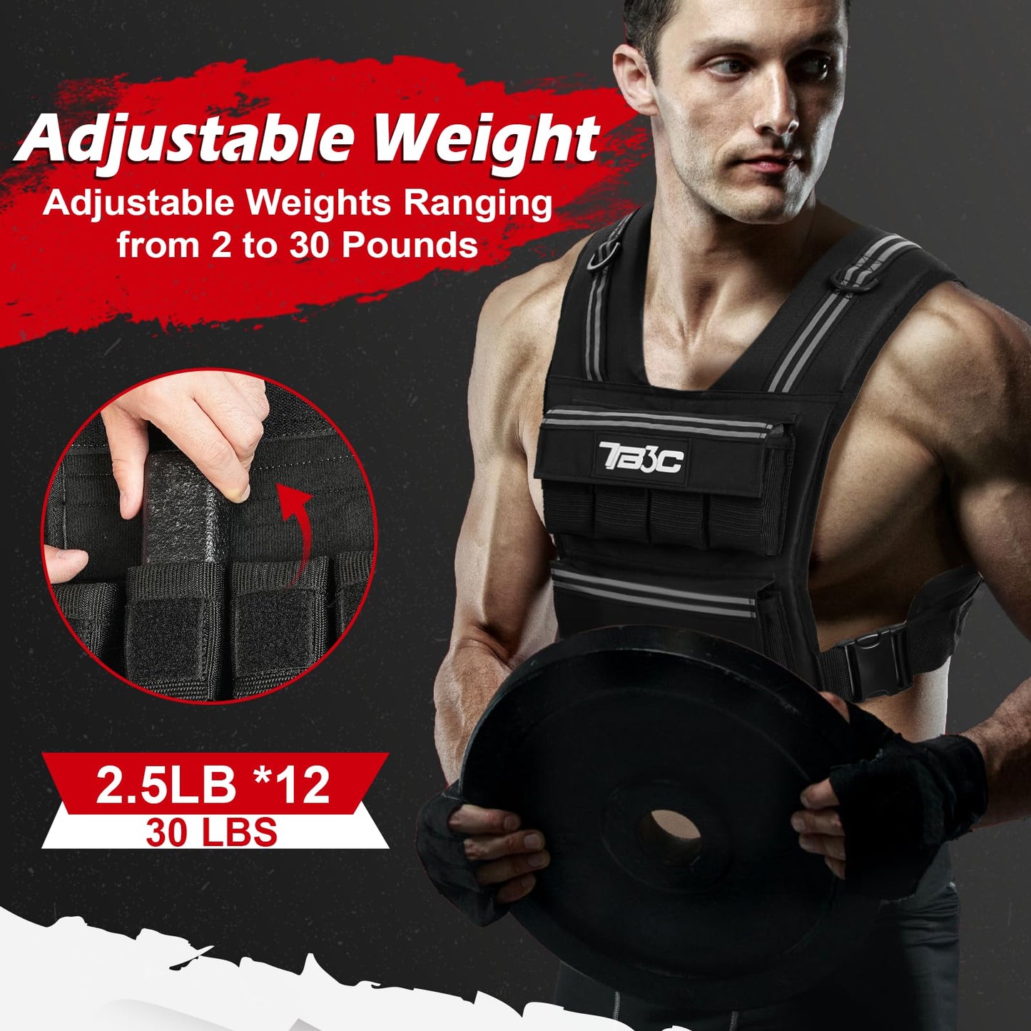TB3C Adjustable Weighted Vest Men & Women, 30lbs with Reflective Stripe, Workout Vest for Home Gym, Cardio, Strength Training & Weight Loss