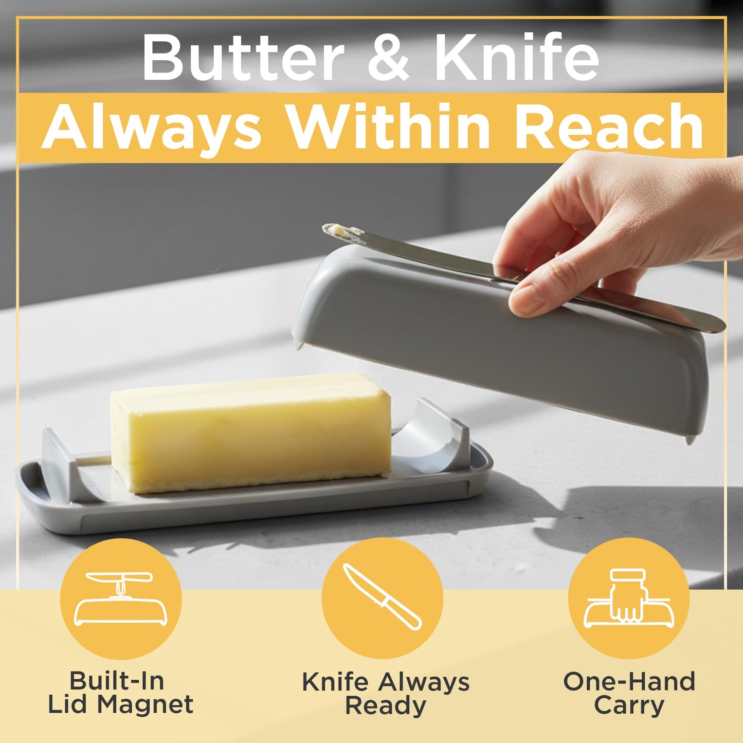 Butter Hub Butter Dish with Lid and Knife for Countertop - Covered Plastic Dish Keeper with Magnetic Knife Holder, Easy Scoop, No Mess Lid Container, Dishwasher Safe, BPA-Free - Clear, 1 Stick
