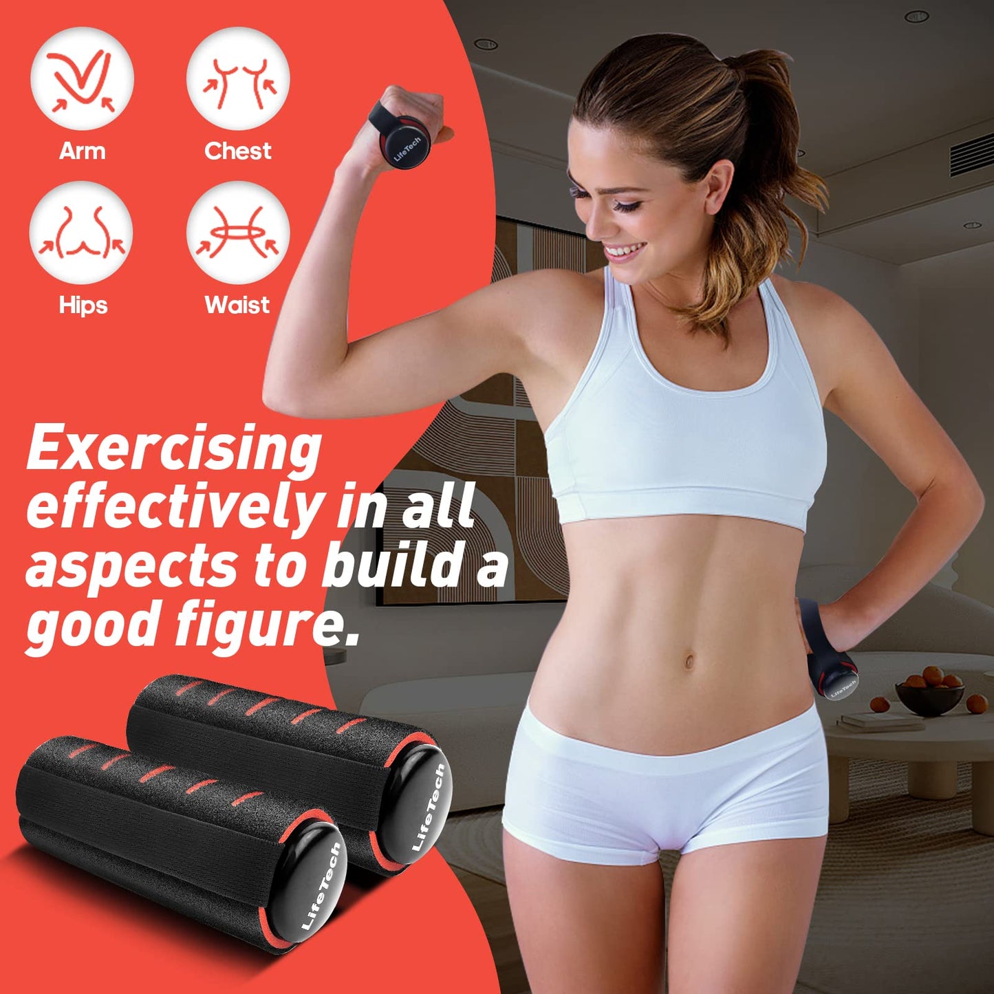 LifeTech Hand Weights for Walking, 2.2 lbs Dumbbells Set of 2 with Anti-Slip Foam Padding, Soft Grip Jogging Handweights for Fitness Training, Cardio Dumbbells 1kg/2.2lbs each black&red