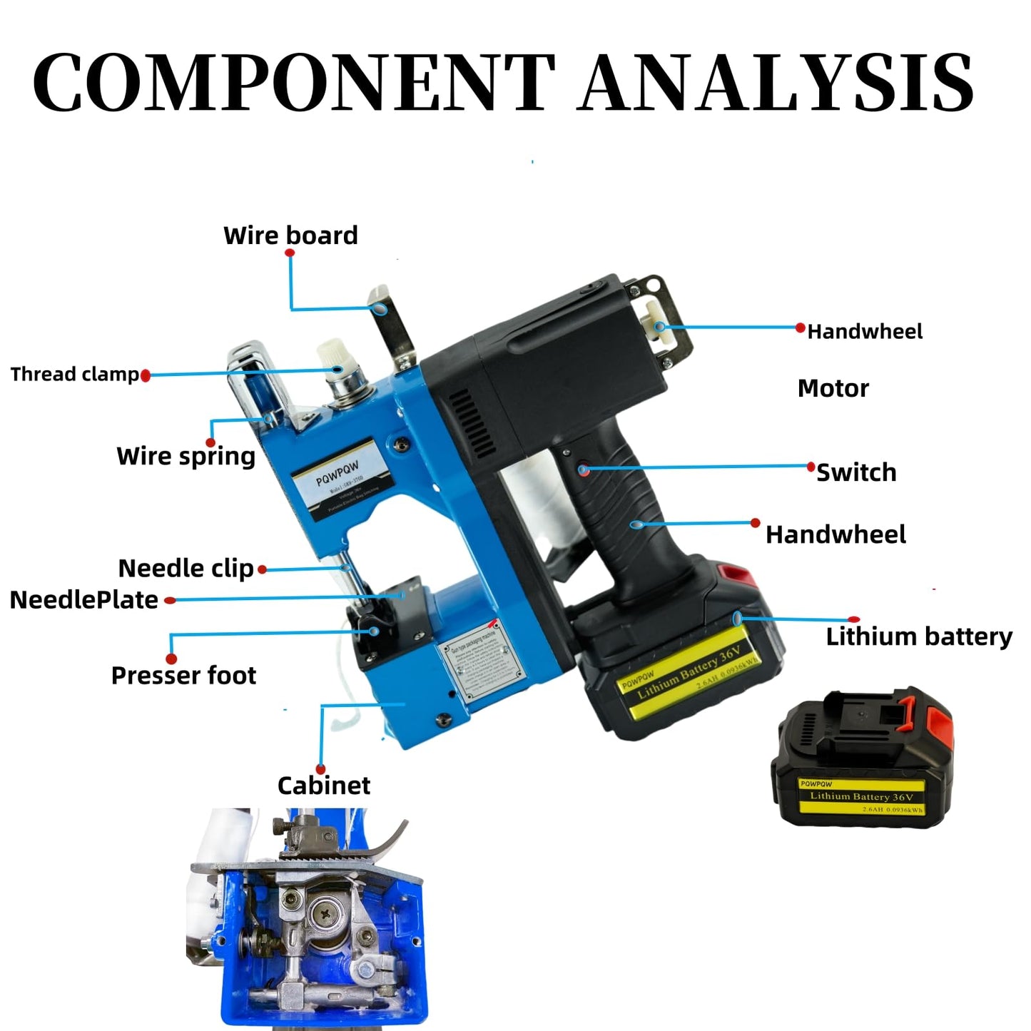 Bag Sewing Machine, 2s/bag Portable Bag Sewing Machine, Industrial Bag Closing Machine for Packing Woven Bags Non-woven Fabrics Leather (Blue, Lithium Battery - 36V)